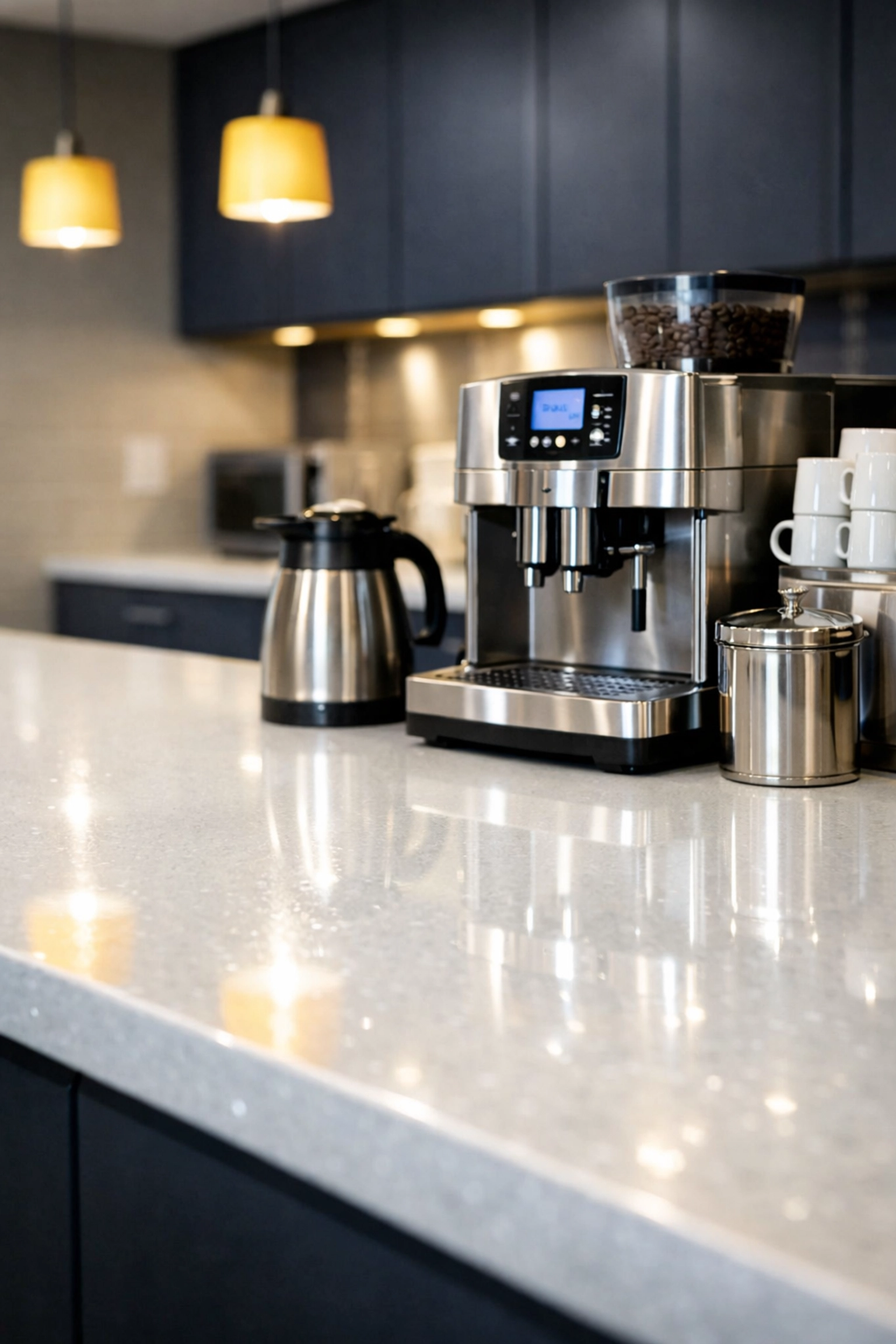 Sanitized contemporary office breakroom in Franklin with sparkling clean surfaces after office cleaning.