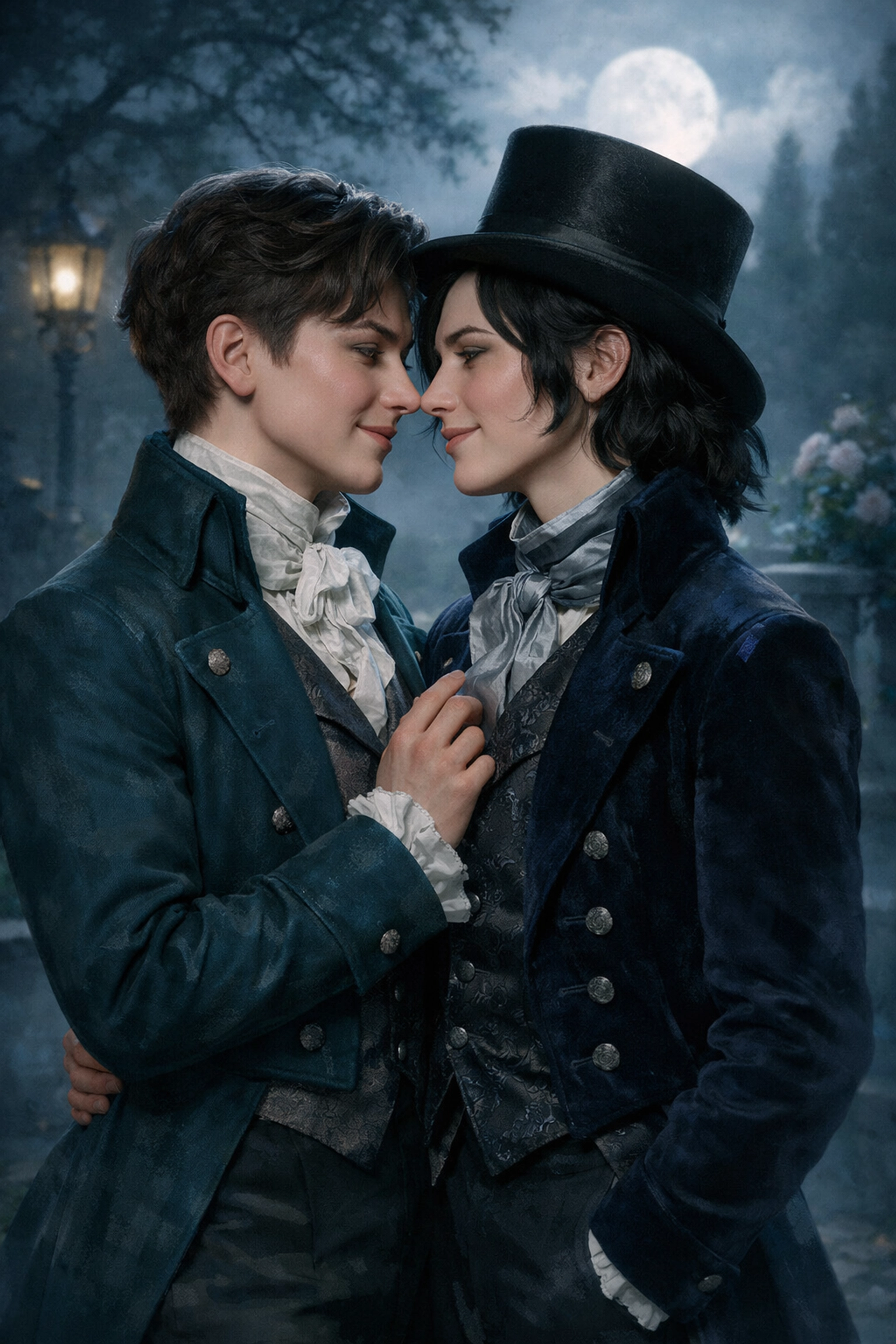 A transmasculine couple in historical clothing sharing a romantic look in a garden from a gay historical romance.