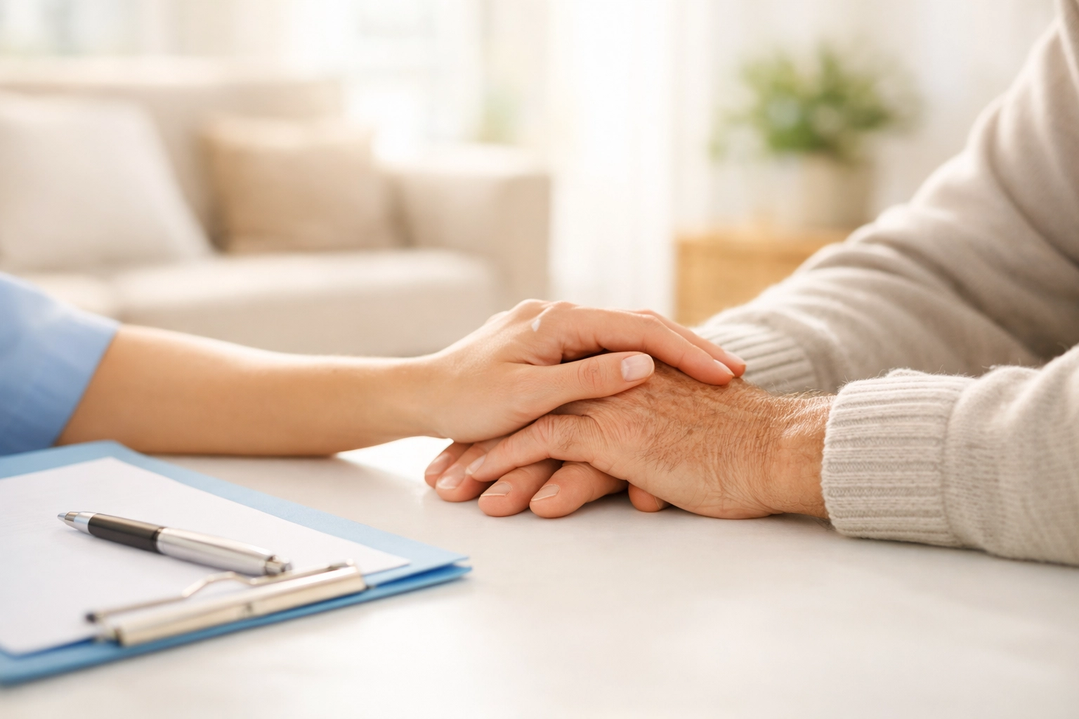 A healthcare professional reassuring a senior man during a home care assessment and planning session.