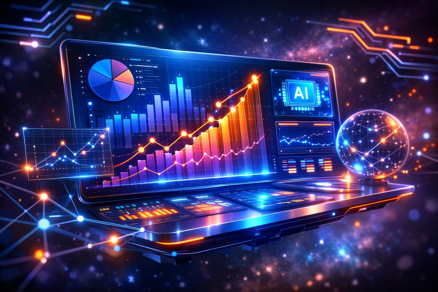 AI-powered analytics dashboard displaying predictive data for Shopify store growth strategies