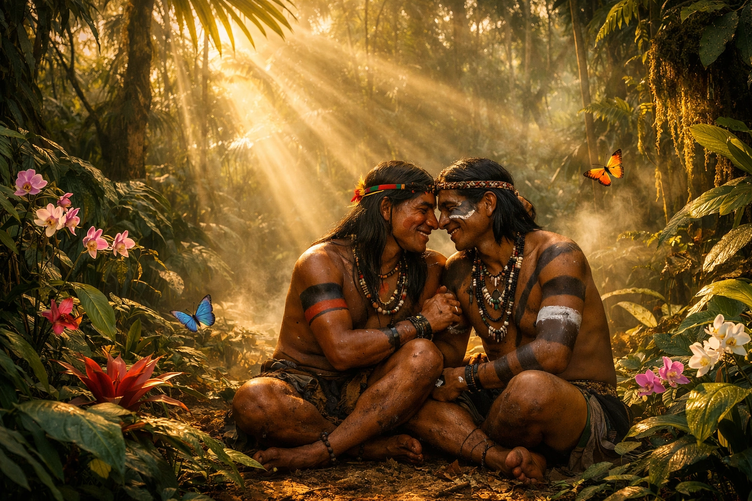 Indigenous men in intimate conversation in Amazon rainforest clearing before colonial contact