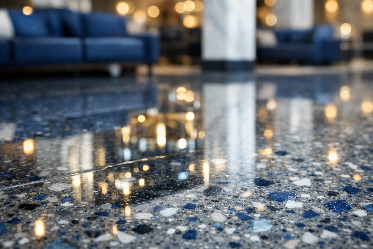 High-gloss polished terrazzo floor reflecting a modern commercial lobby after professional waxing.