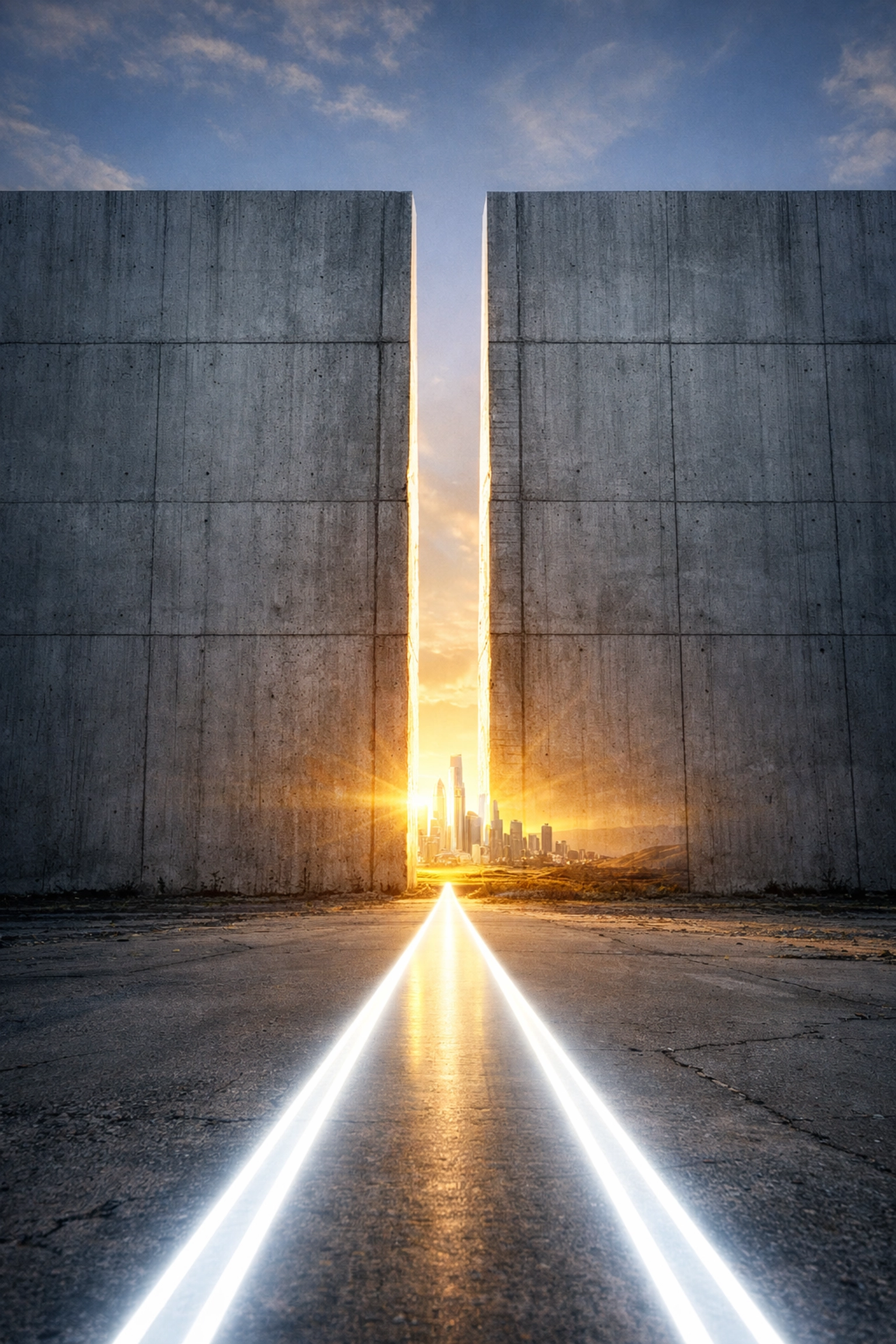 A road through a split wall toward a bright horizon, symbolizing workflow automation consulting success.