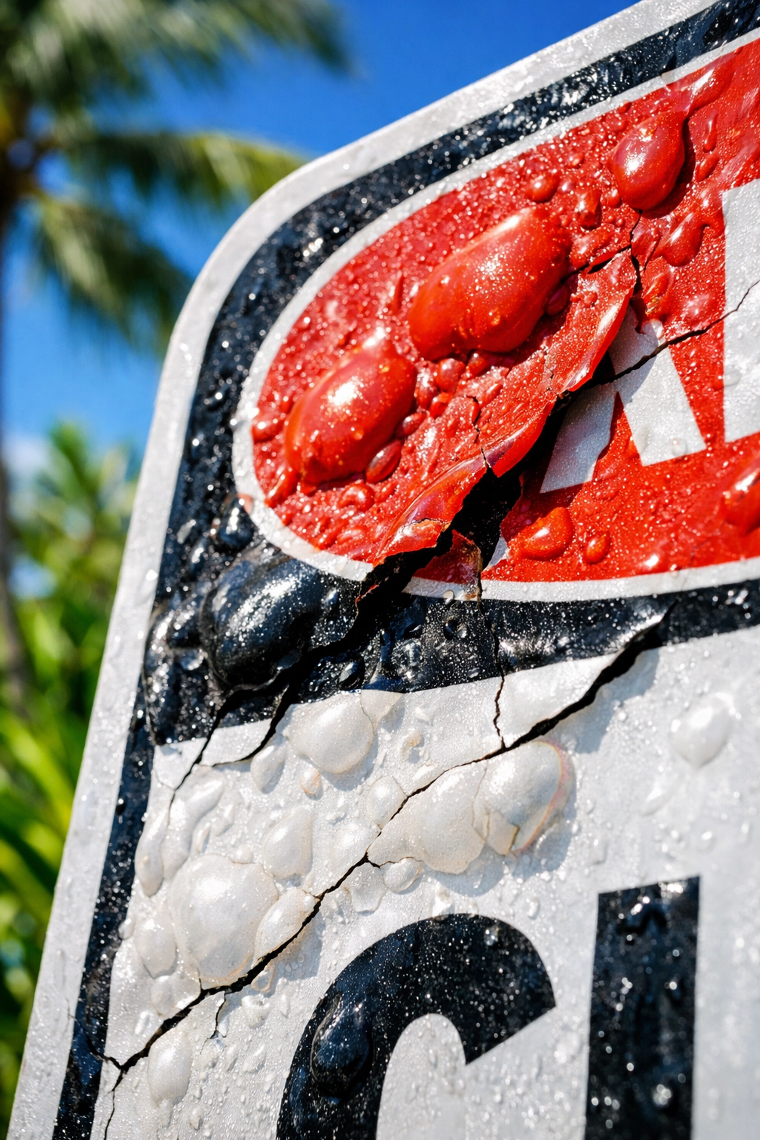 Warped and cracked plastic sign material showing heat damage from Hawaii's tropical climate