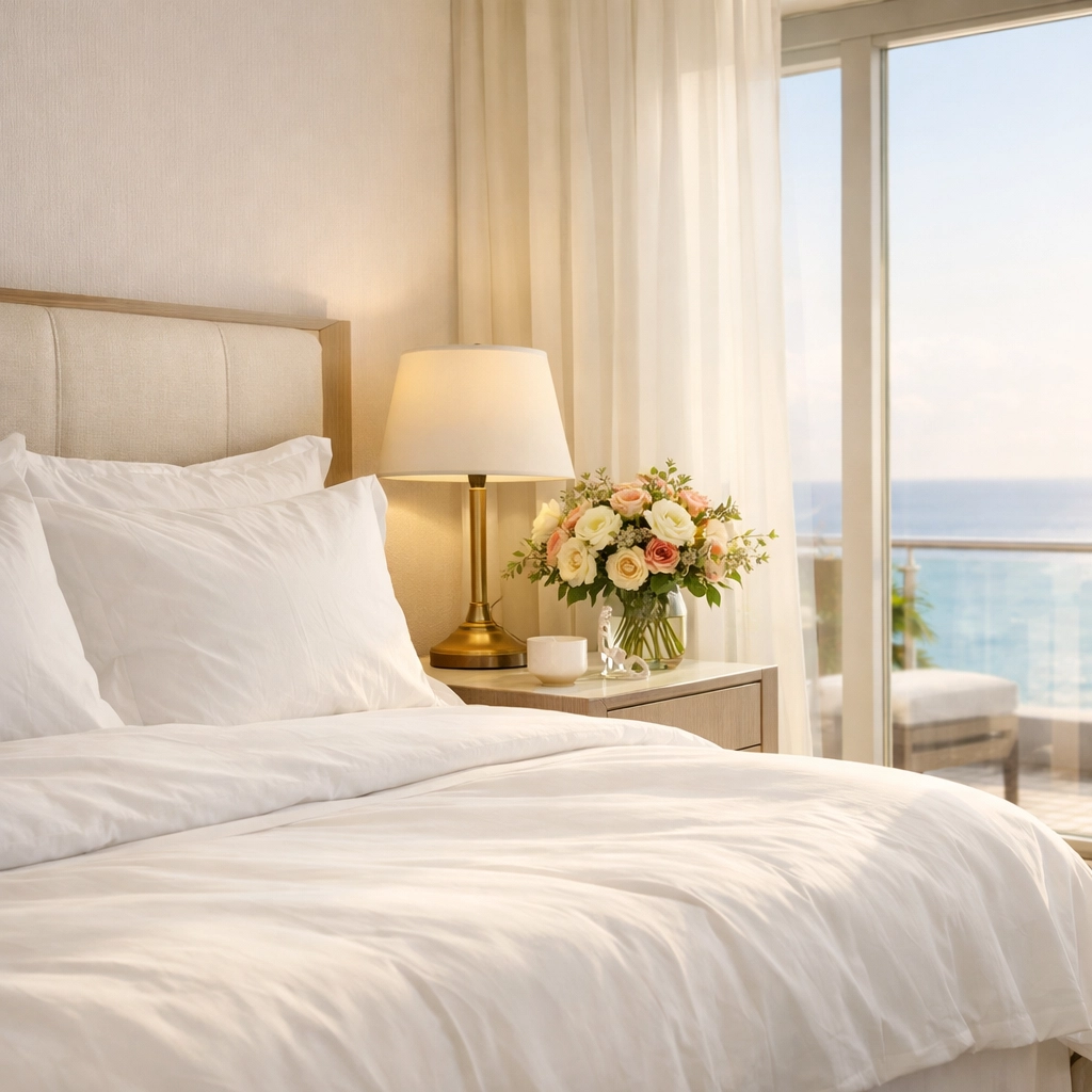 Elegant luxury vacation rental bedroom with ocean views and premium linens