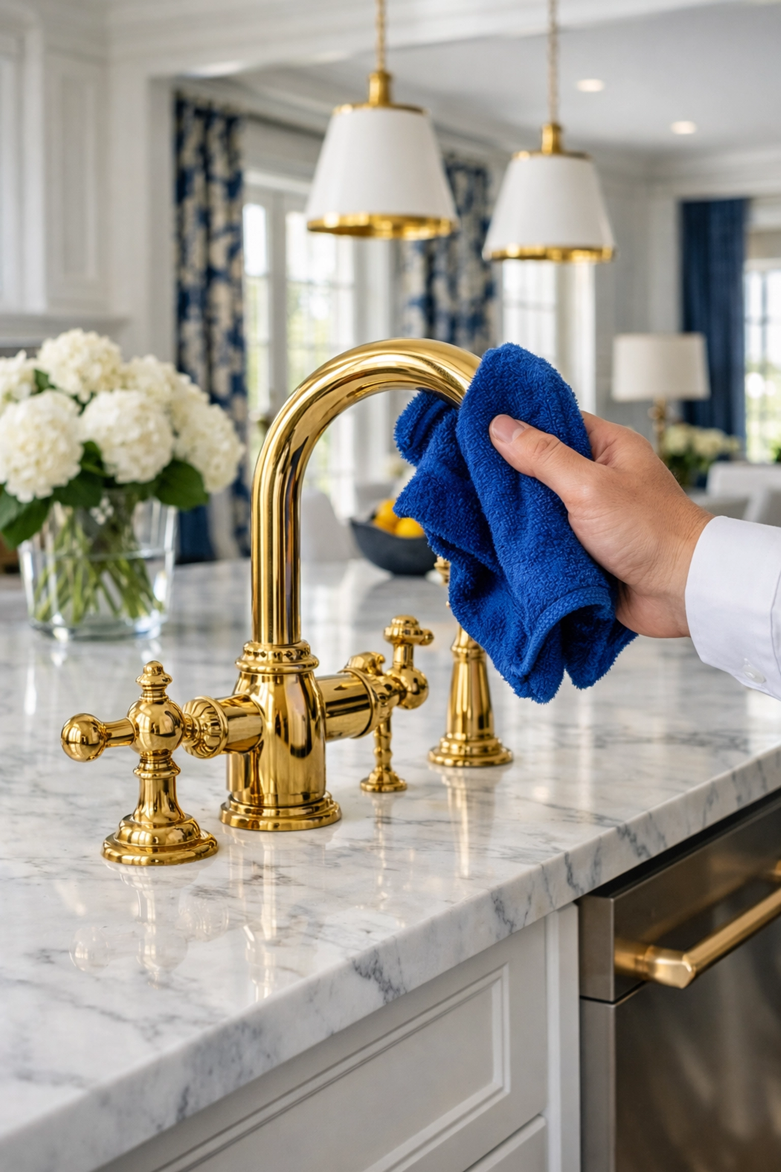 Expert luxury residential cleaning of a marble kitchen island and brass fixtures in a Duxbury home.