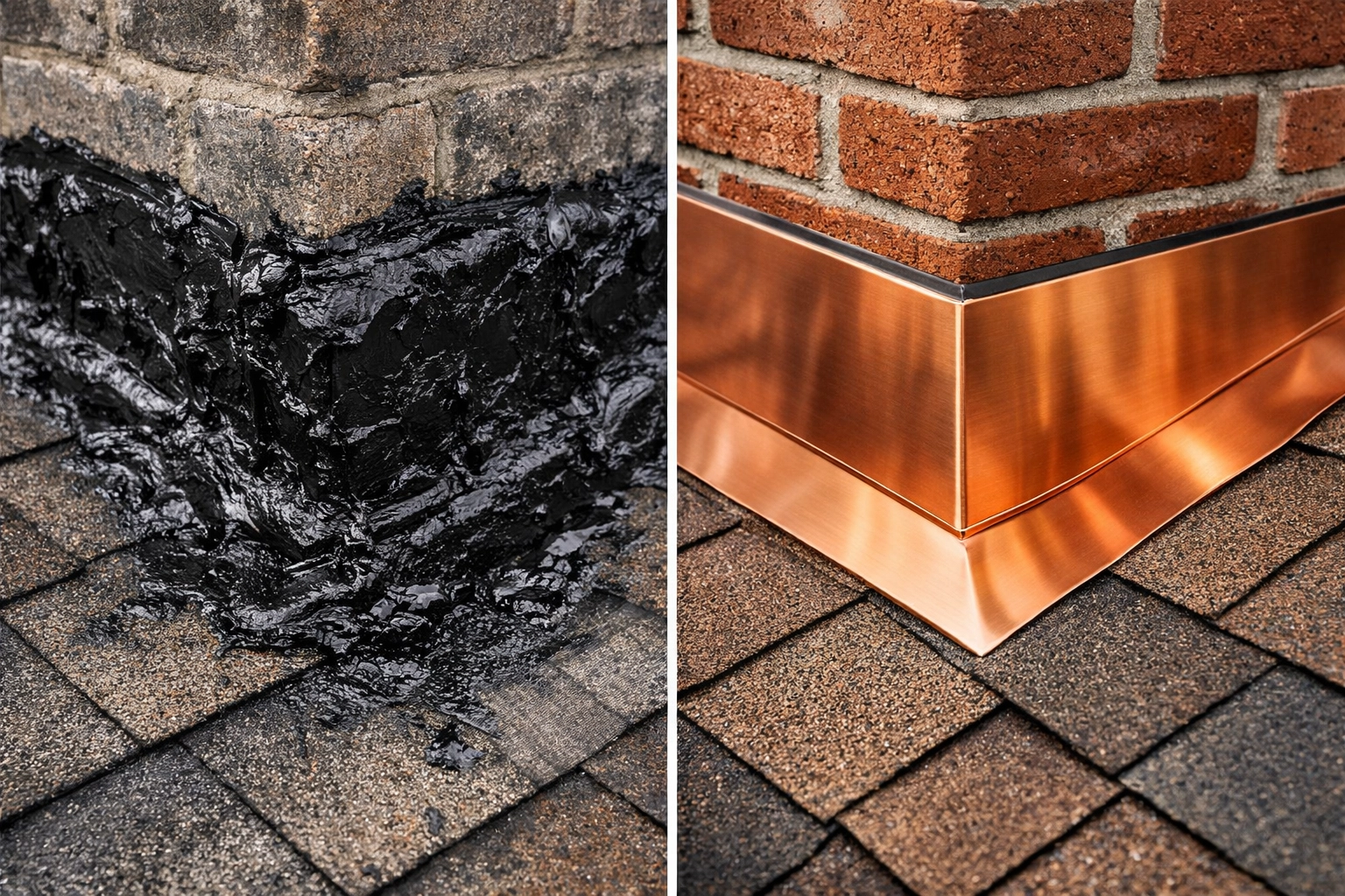 Comparison of a messy tar chimney repair versus professionally installed copper flashing and sealant.