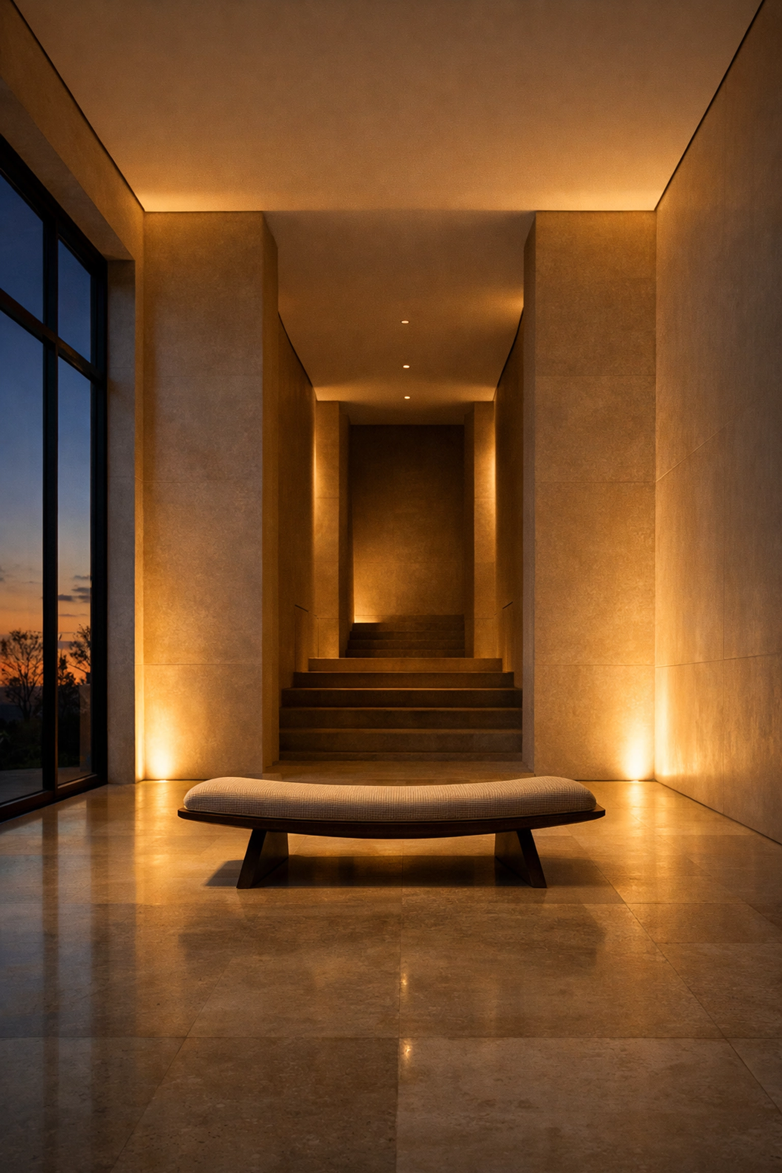 Minimalist foyer with architectural lighting design blending natural light and shadow for luxury interiors.