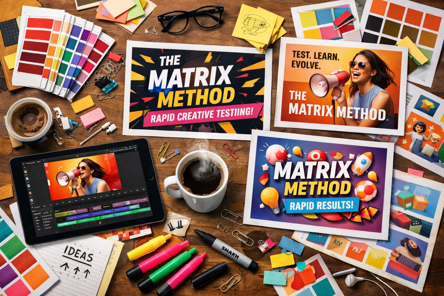 Workspace with diverse ad creative mockups and video editing tools for PPC multivariate testing.