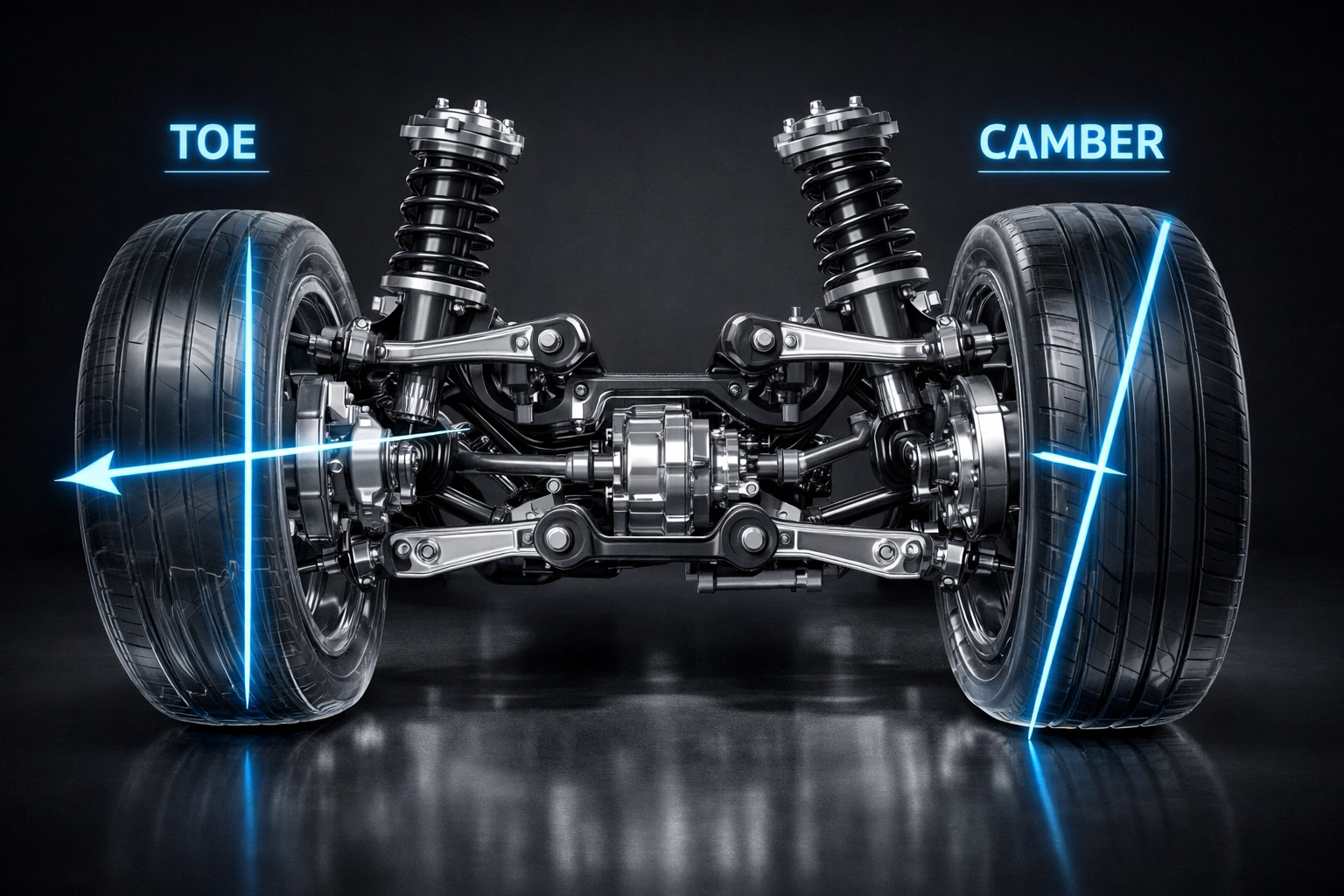 Detailed view of vehicle suspension showing alignment angles to help reduce wheel alignment cost.
