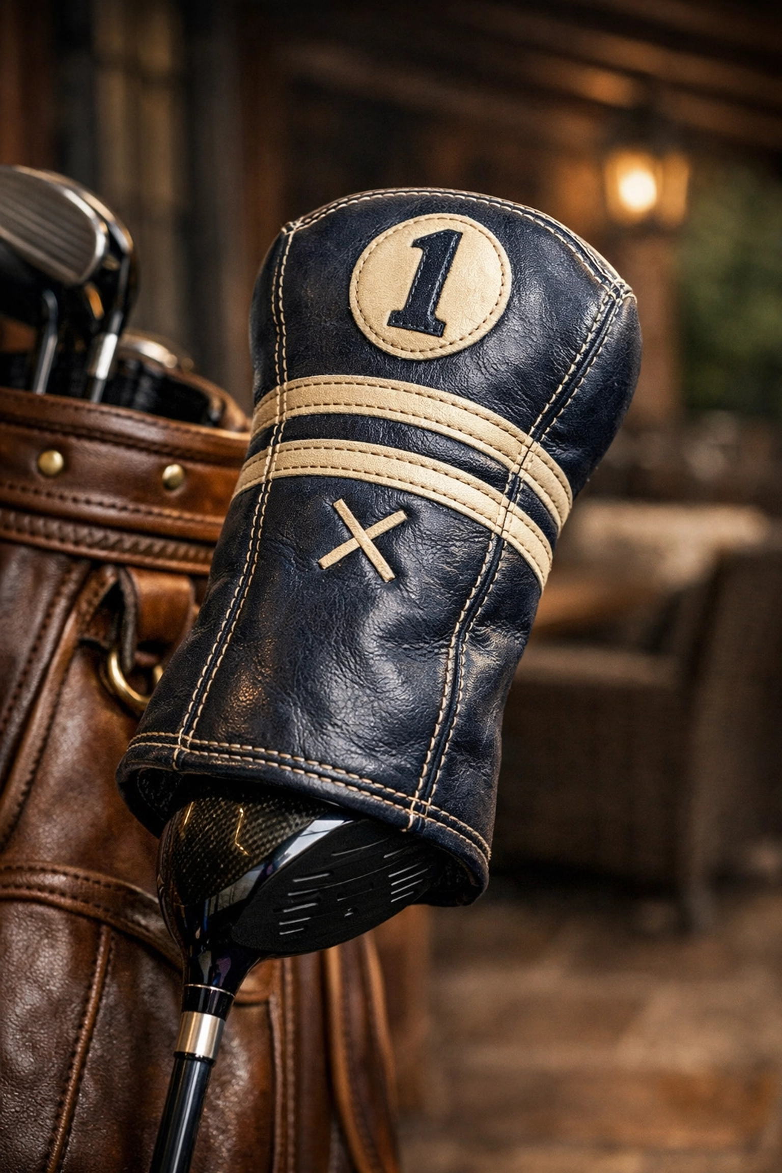 Vintage navy leather driver headcover on a club leaning against a premium golf bag.