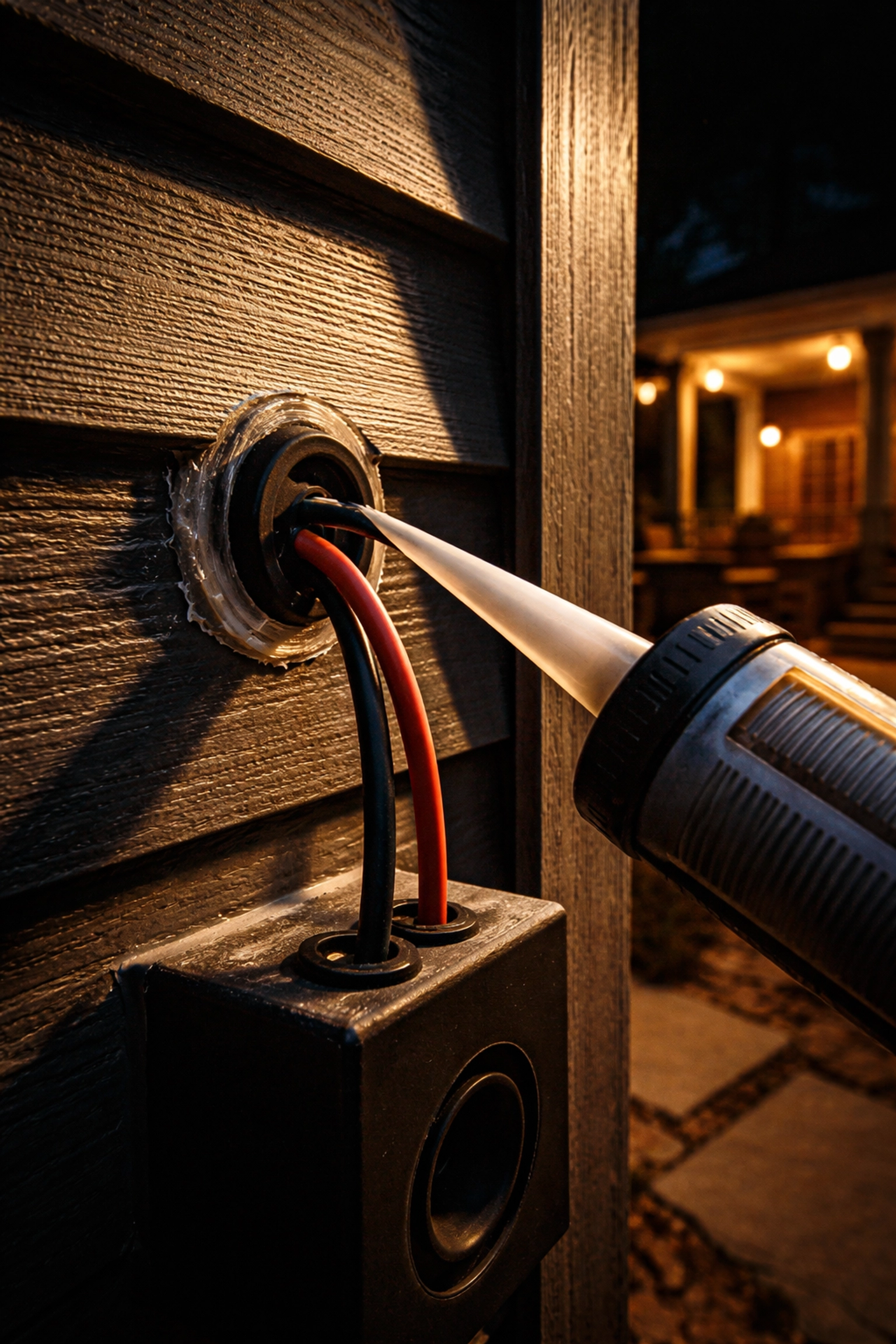 Close-up of weatherproofing on outdoor speaker wires on Kentucky home, emphasizing proper outdoor audio installation steps.