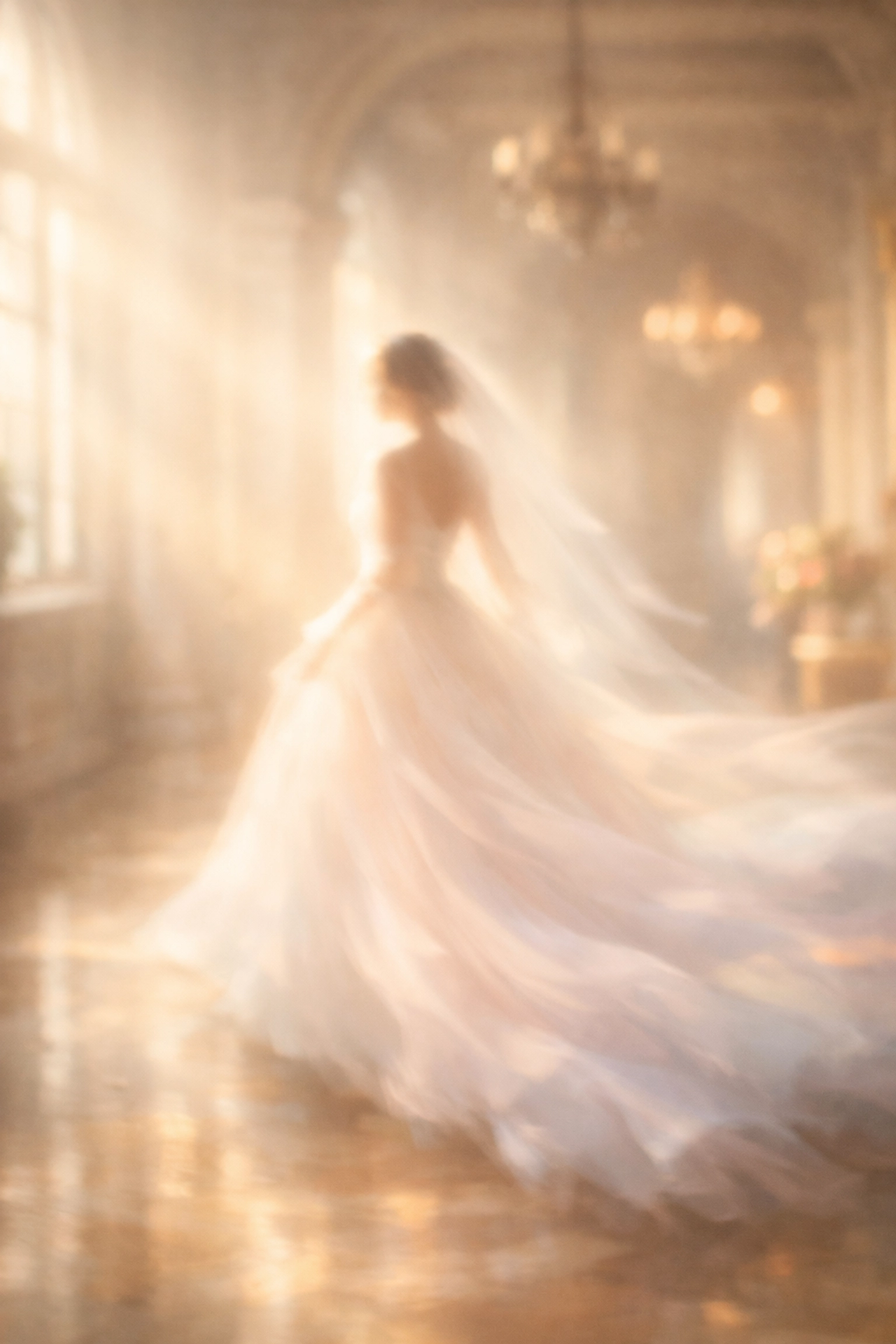 A blurred bridal silhouette in a historic hallway hinting at the Grand Reveal at The Old Deanery.