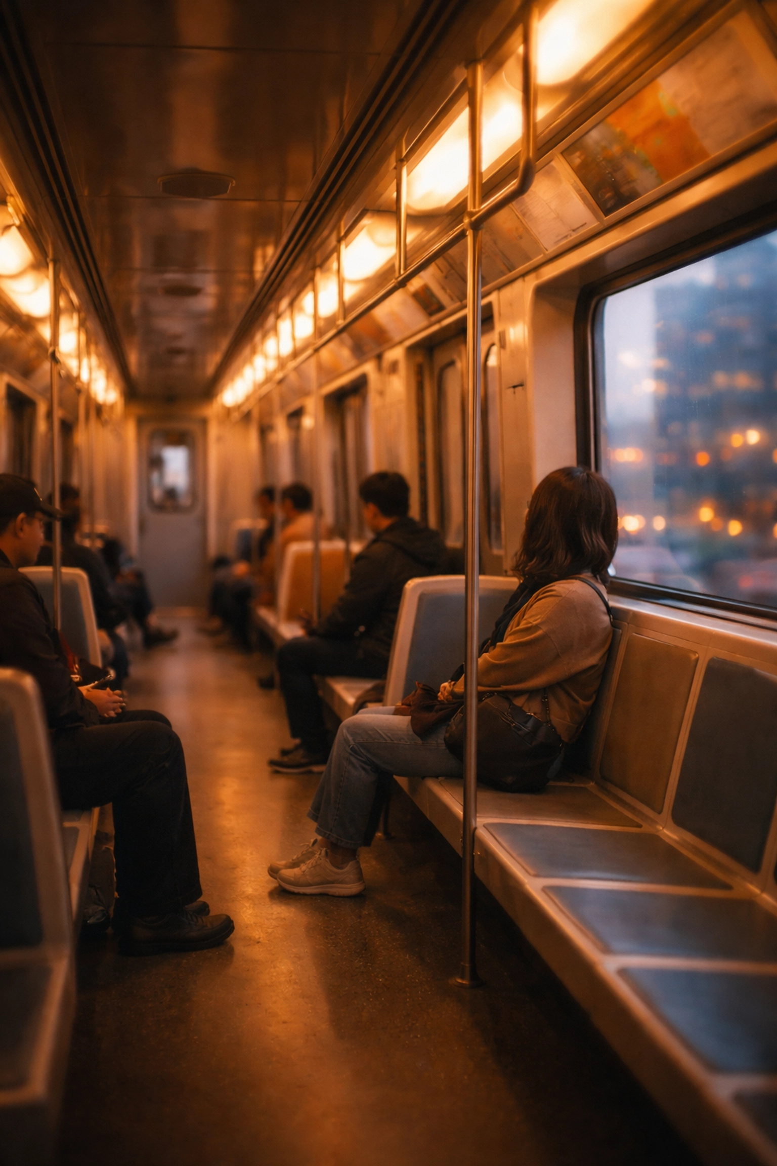 Relaxed passengers in a softly lit subway car, illustrating gender-inclusive safety and comfort on public transit