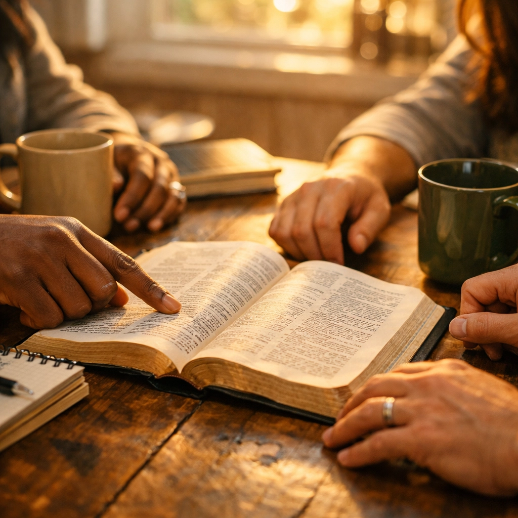 Diverse hands studying Bible together around kitchen table in home church community setting