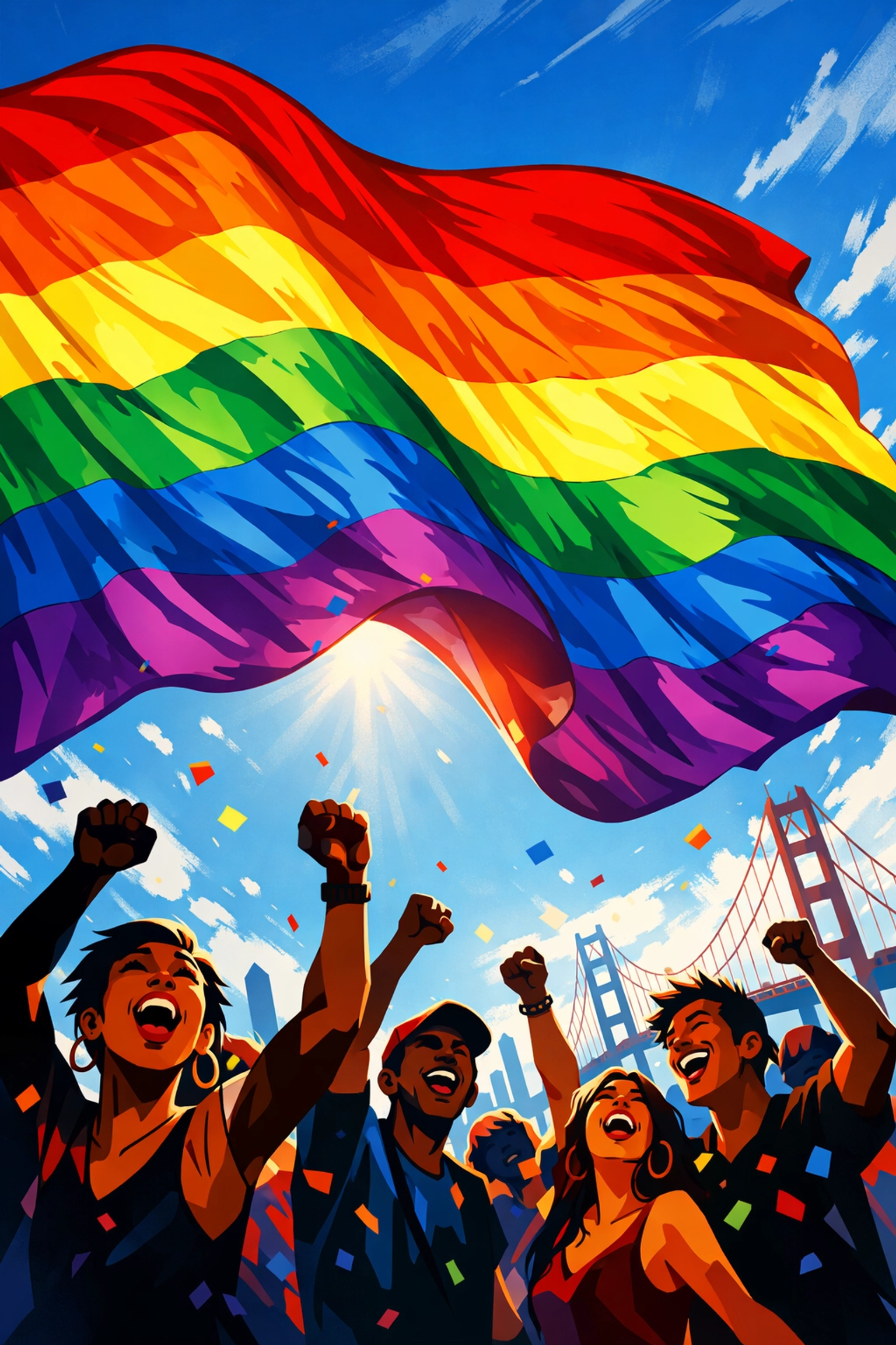 Rainbow flag flying over San Francisco Gay Freedom Day Parade in 1978 with celebrating crowd