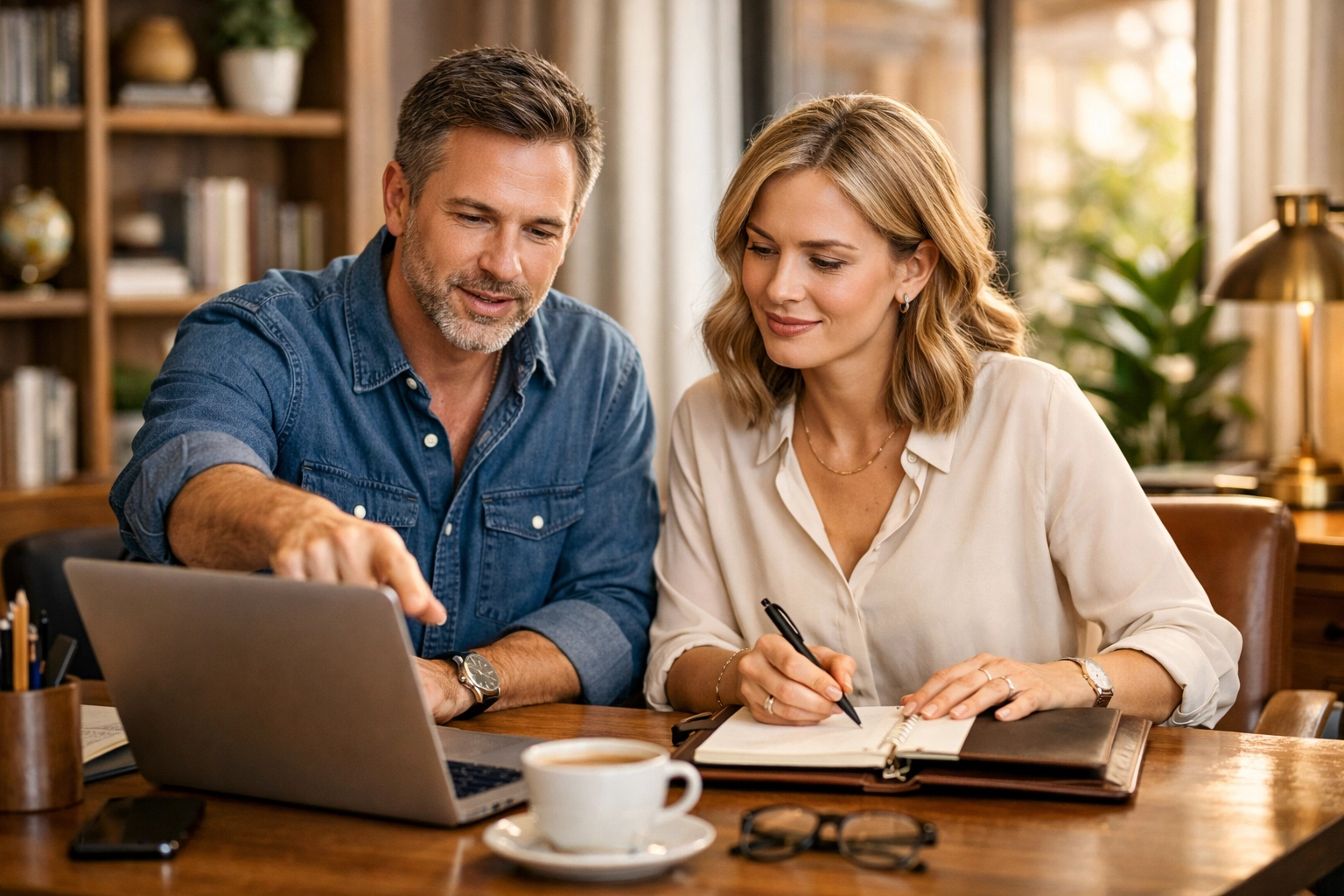 Husband and wife business owners in a home office discussing the QJV election for Schedule C.