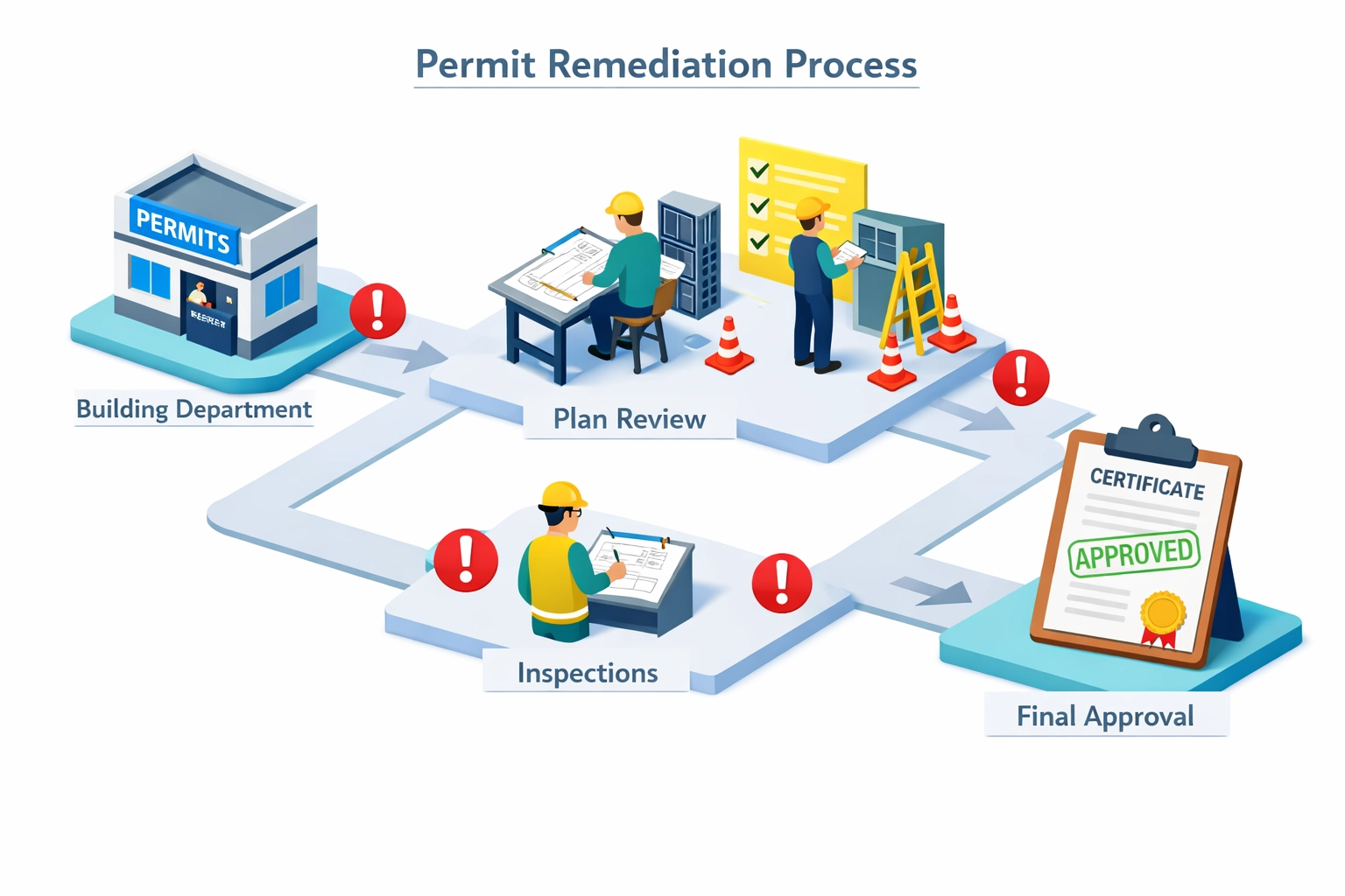 Step-by-step permit remediation process flowchart for Florida building code compliance