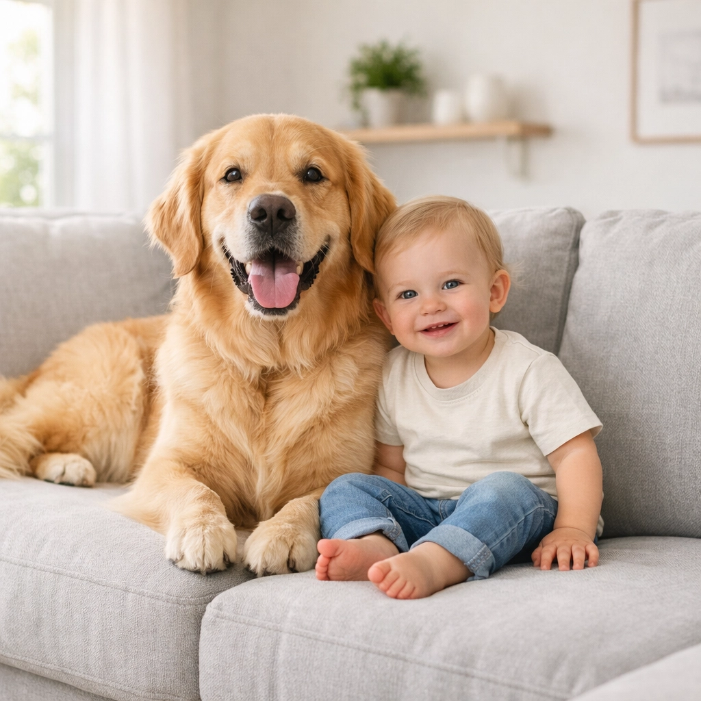 A toddler and dog on a clean sofa after professional pet-safe upholstery cleaning in Tulsa.