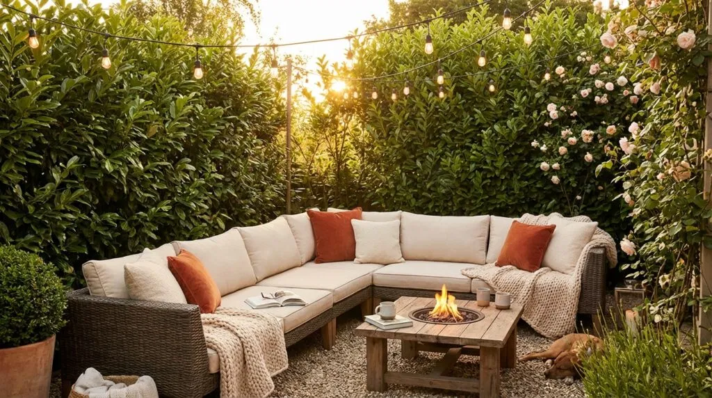A cozy outdoor patio area, representing the community-centric and relaxed environment fostered by Green Grove Bud.