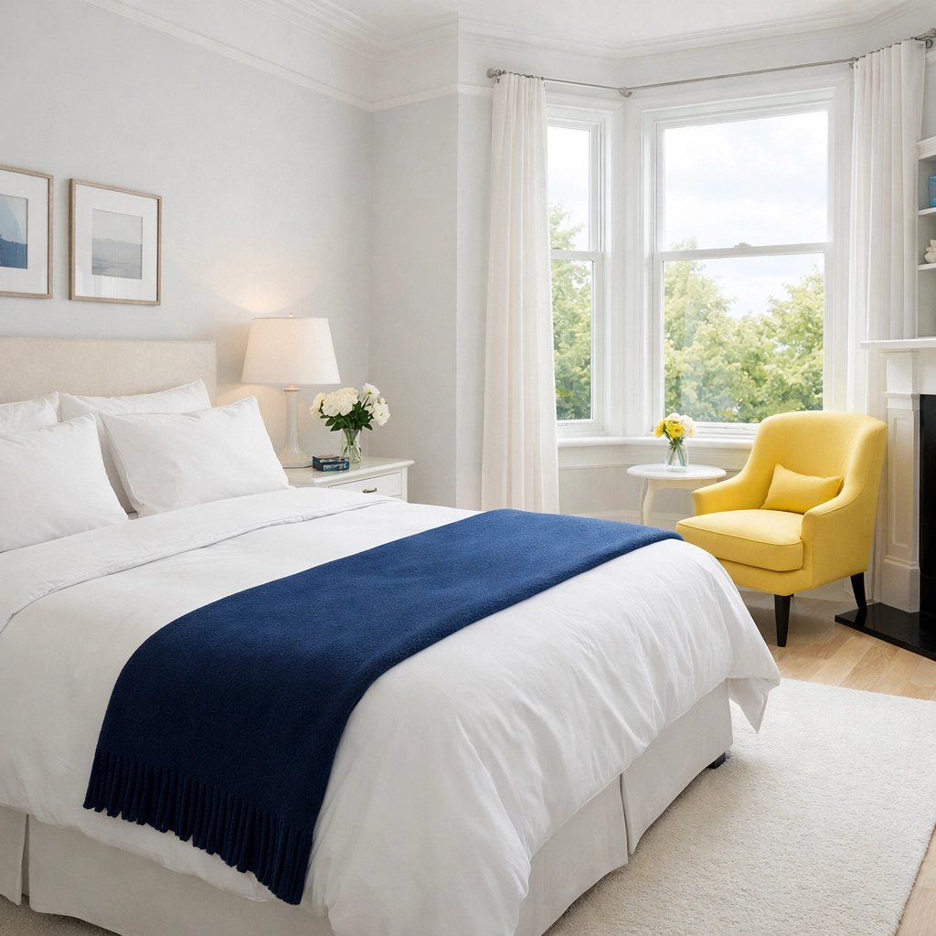 A bright and airy Cambridge bedroom in a Victorian home maintained by a professional maid service.