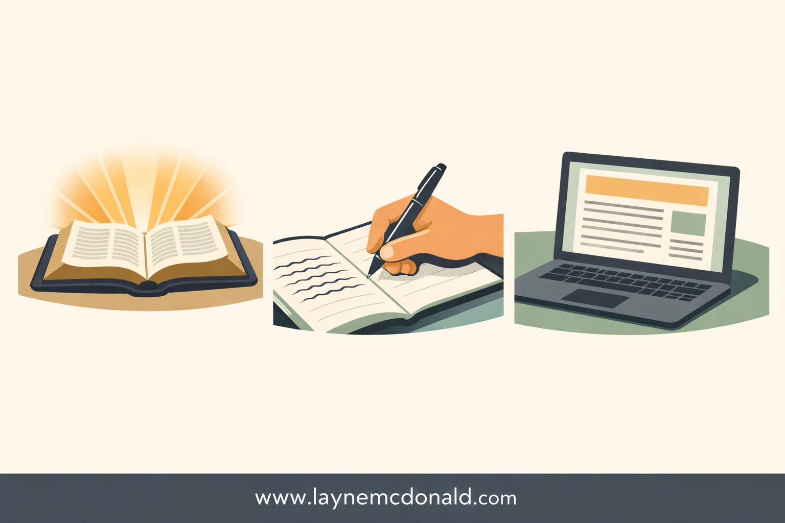 Faith-based writing process showing open Bible, notebook, and laptop for creating devotional content