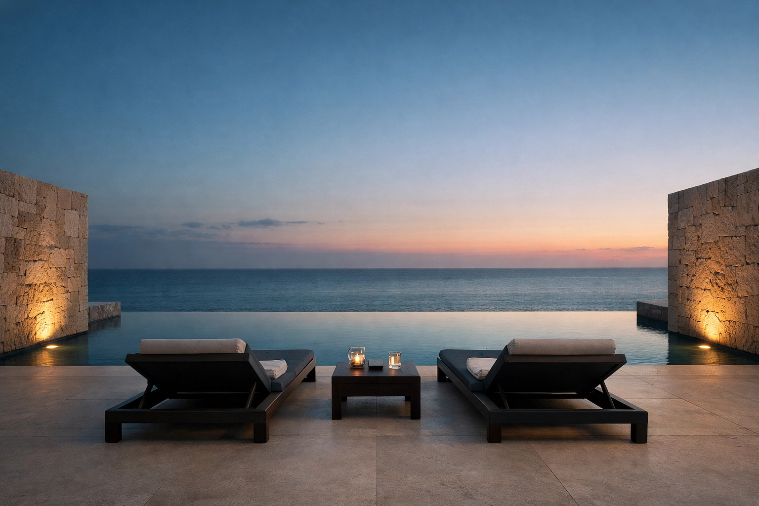A luxury hotel terrace with an infinity pool and ocean views illustrating high-end hospitality trends.