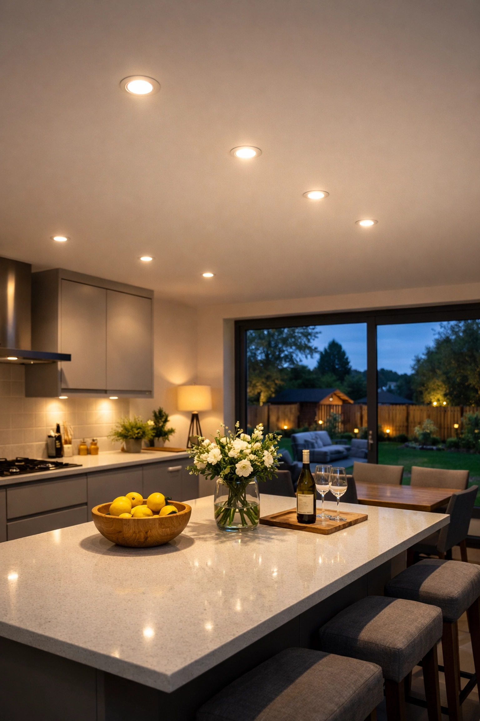 Energy-efficient recessed LED spotlights installed in a modern Dorset kitchen to reduce electricity bills.