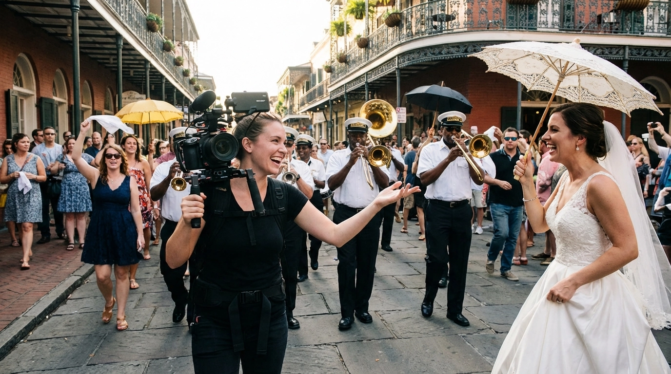 Female videographer directing second line parade