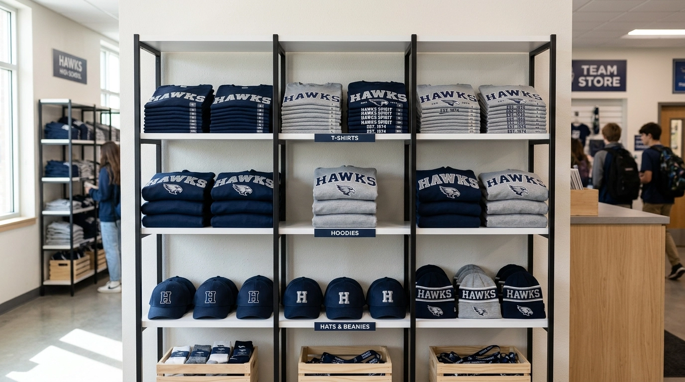 How to Integrate Custom Team Apparel With Your School’s Entire Visual Brand 5 Organized display of school spirit wear and apparel