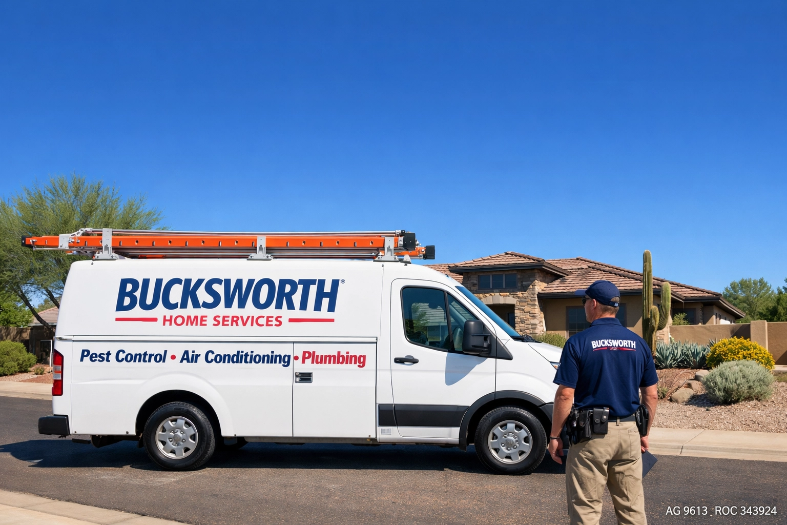 Bucksworth Home Services truck parked in a Gilbert, AZ neighborhood for a local plumbing service visit.