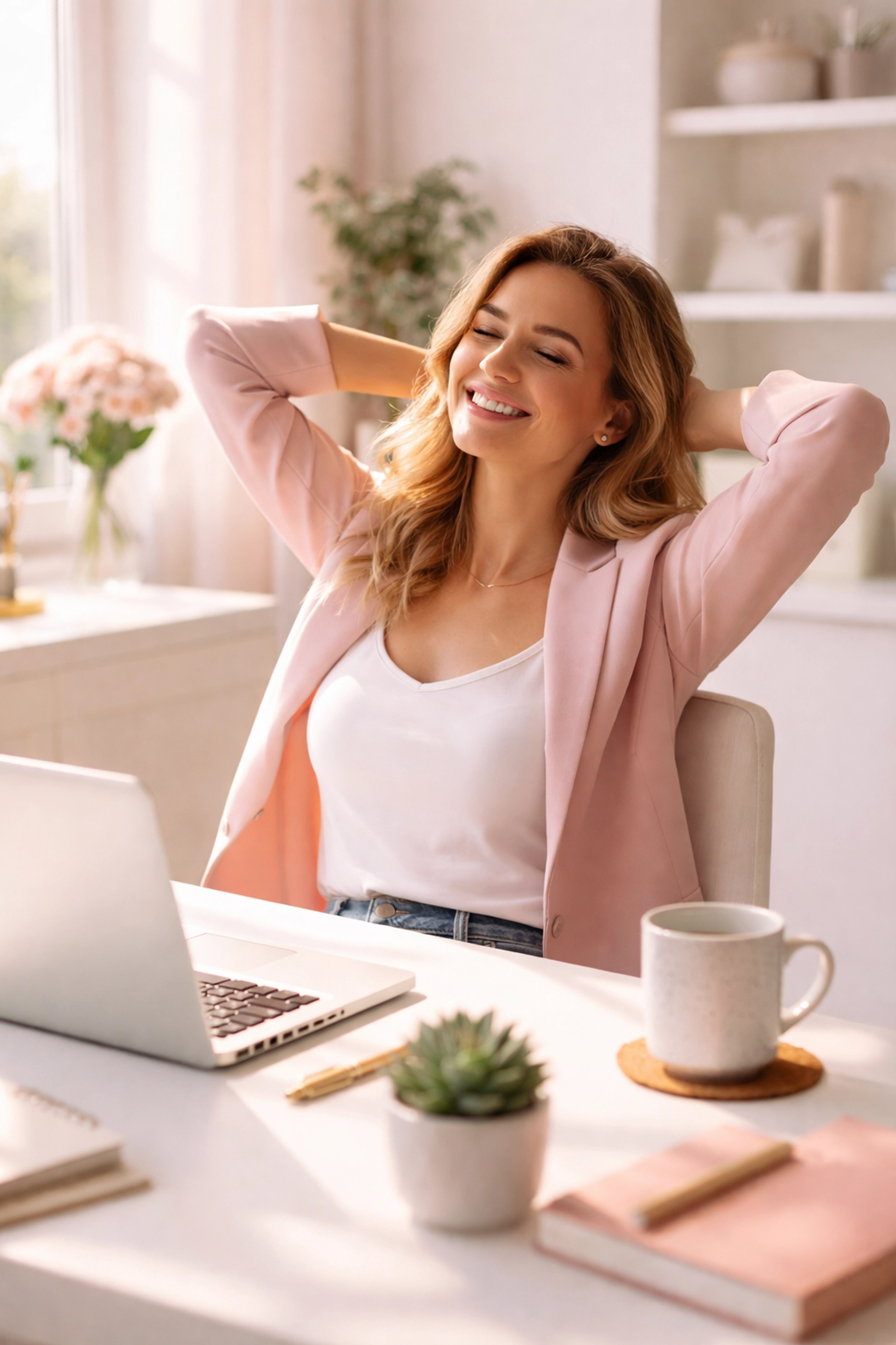 Female entrepreneur relaxing at a bright desk after delegating tasks to a virtual assistant