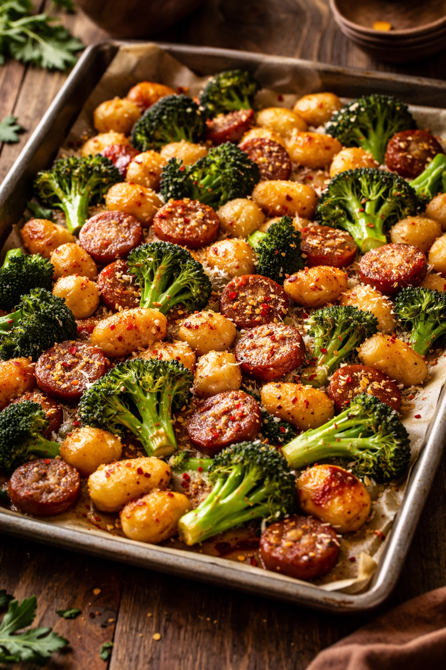 Golden sheet pan sausage and gnocchi