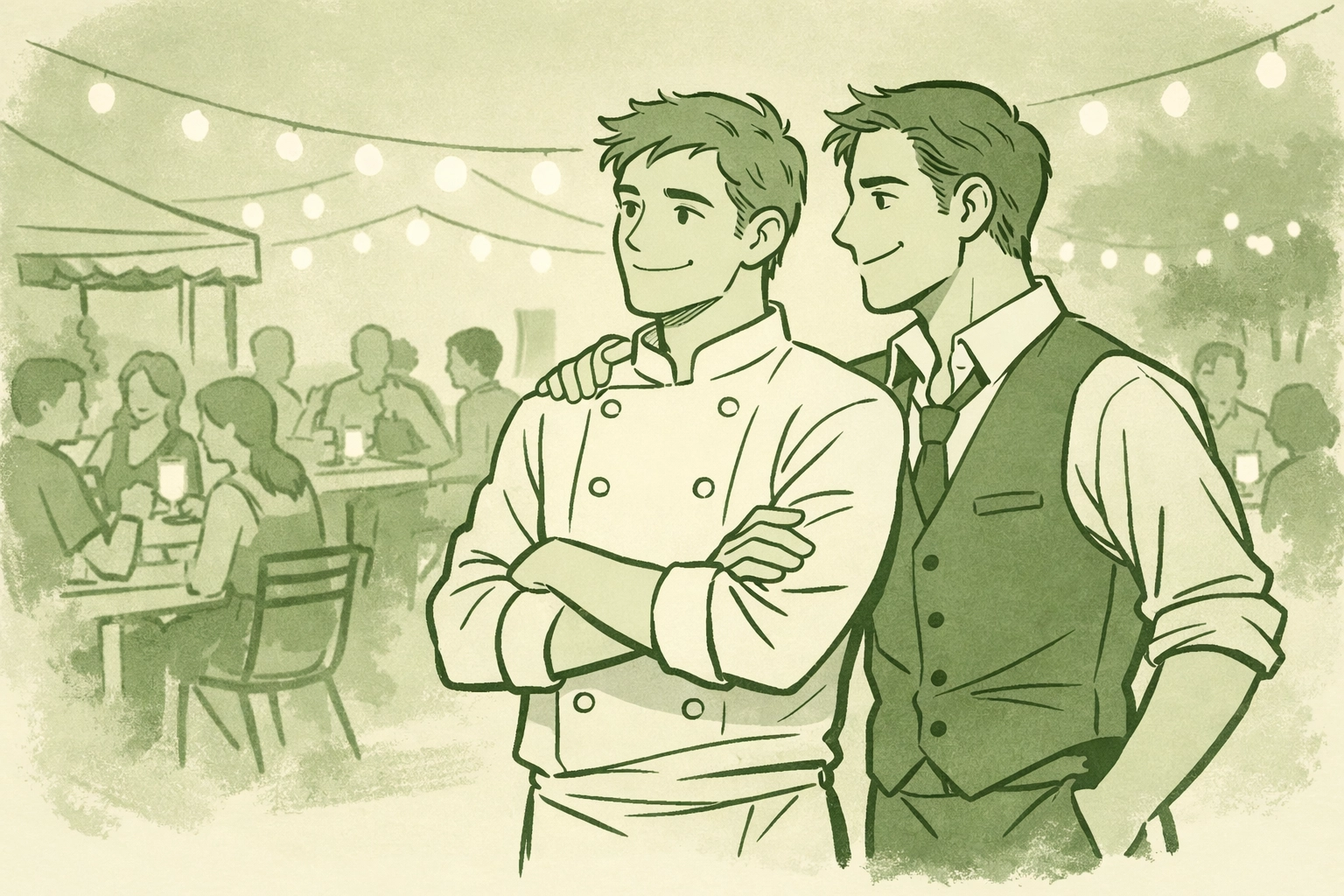 Chef and bartender celebrating successful pop-up dining event, MM romance