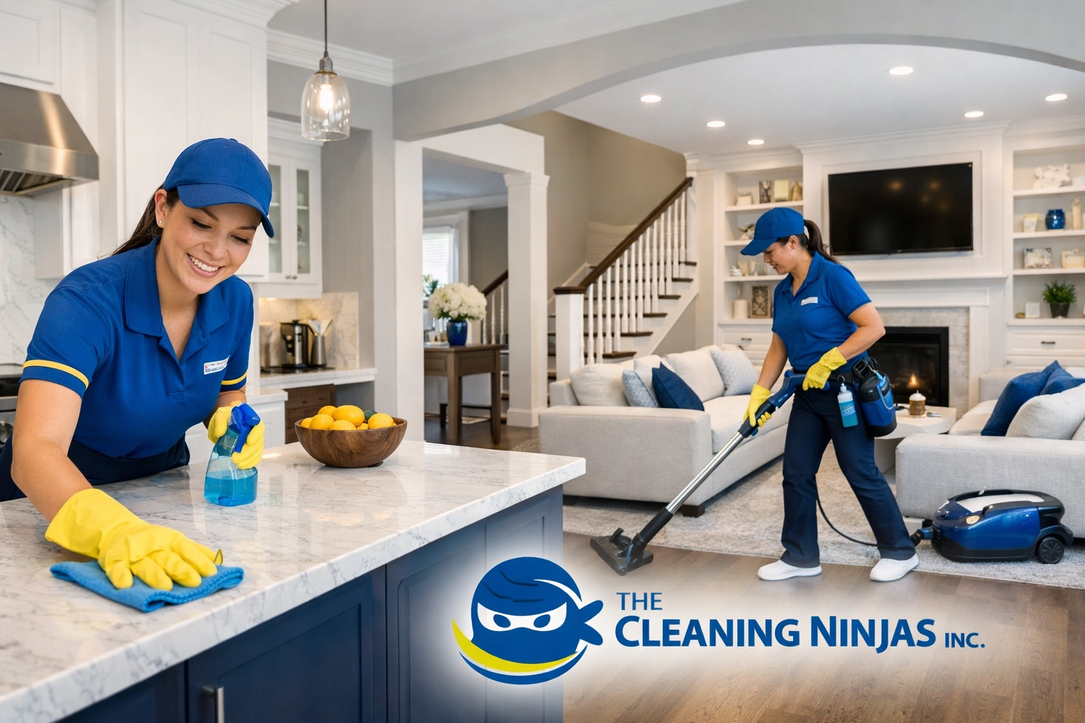 A professional team providing house cleaning in Westford to a modern living room.