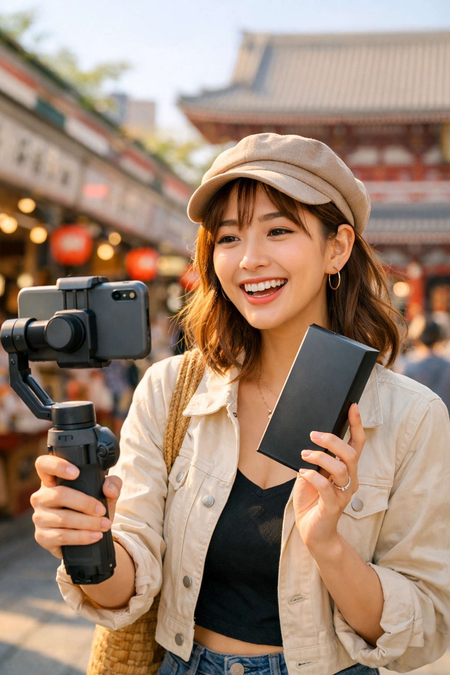 Social media influencer filming a product review in a local international market to build brand trust.