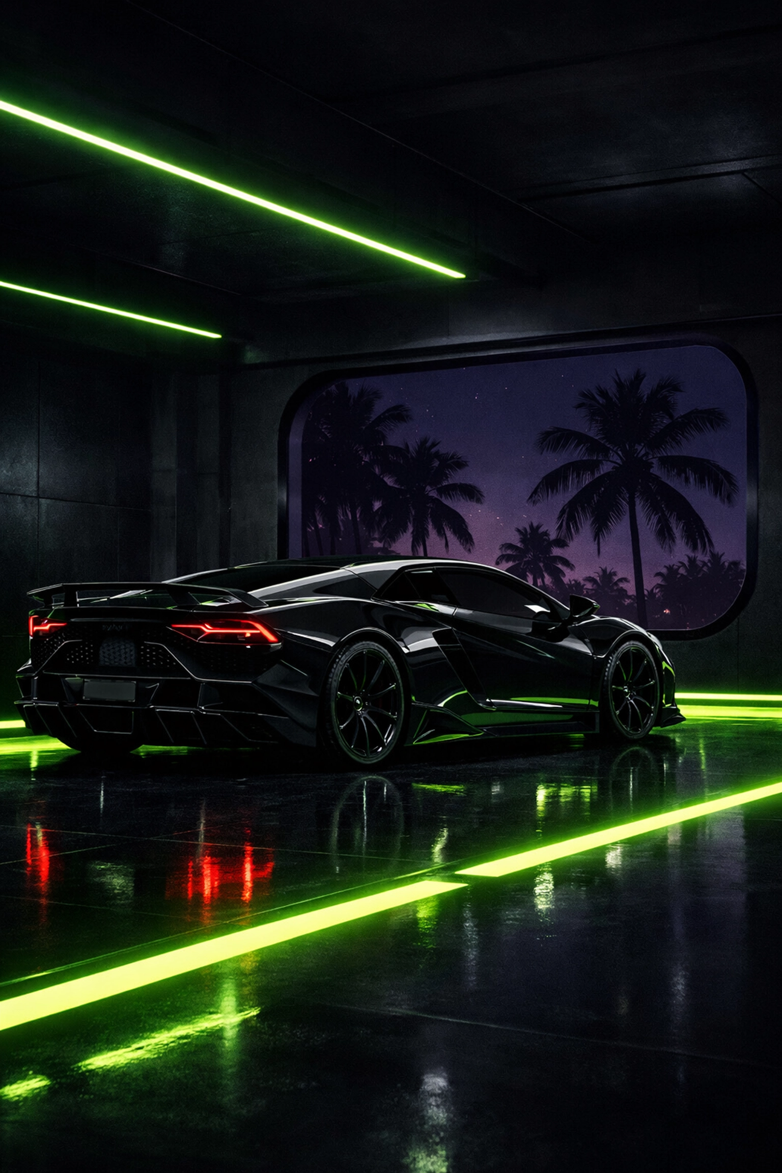 Luxury car in a modern Miami auto body shop garage with neon lighting and palm tree views.