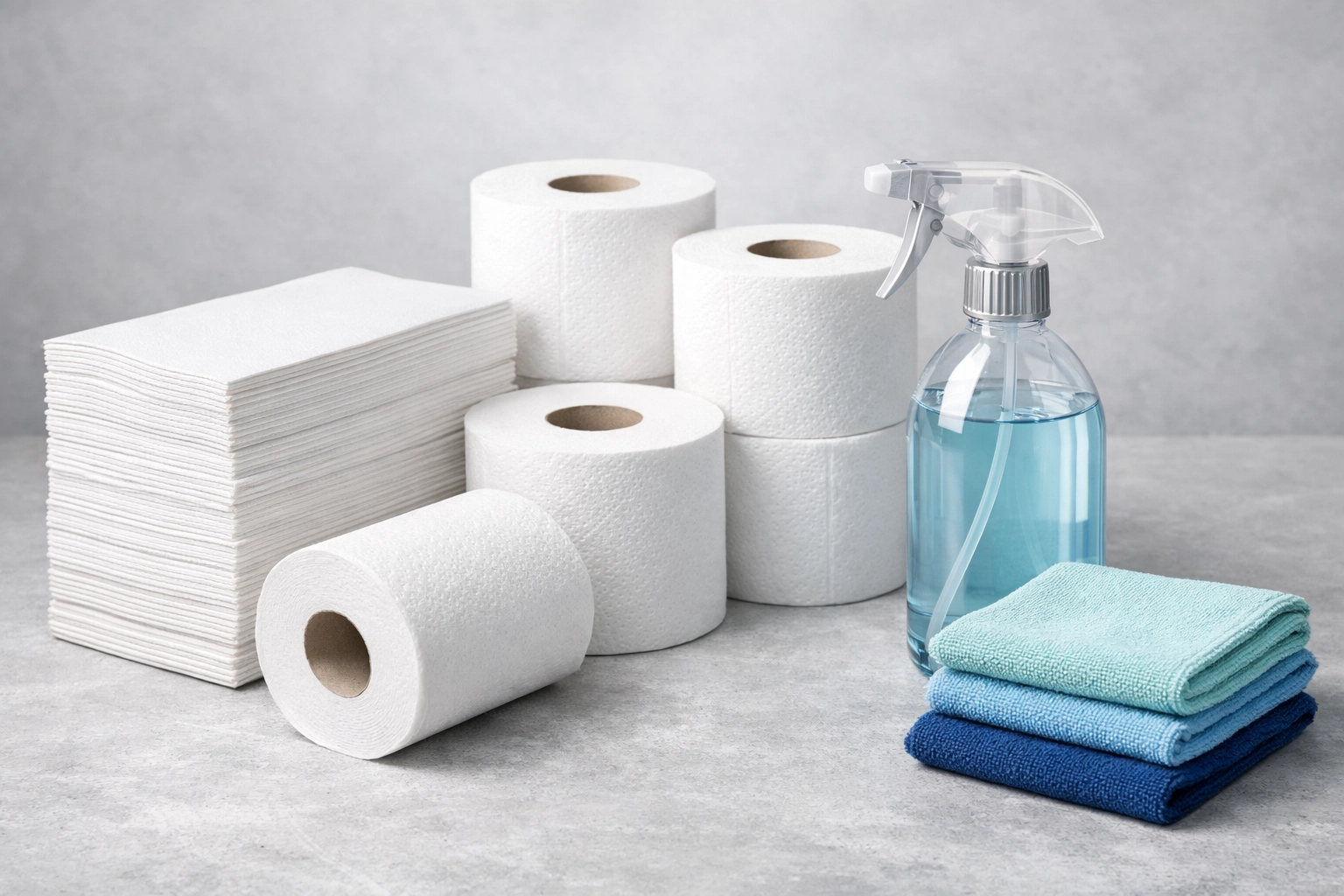 Eco-friendly janitorial supplies including recycled paper towels and plant-based cleaning solutions.
