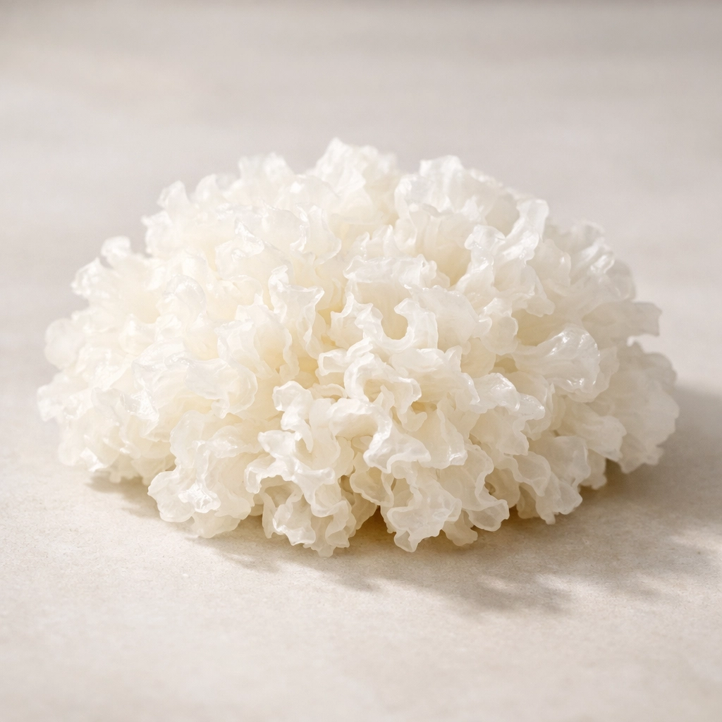 Fresh Tremella fuciformis snow mushroom showing translucent gelatinous structure