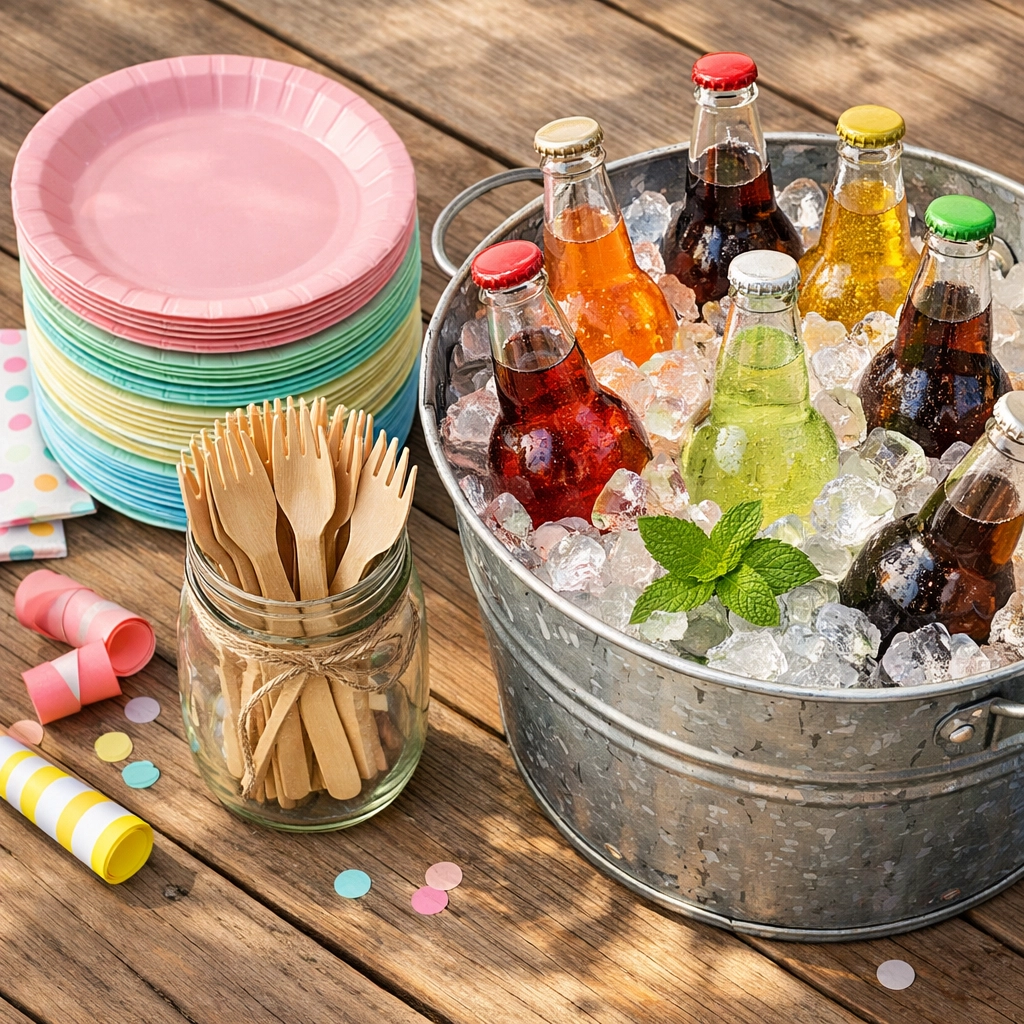 Top-down view of potluck supplies including plates, cutlery, and drinks for an outdoor party.