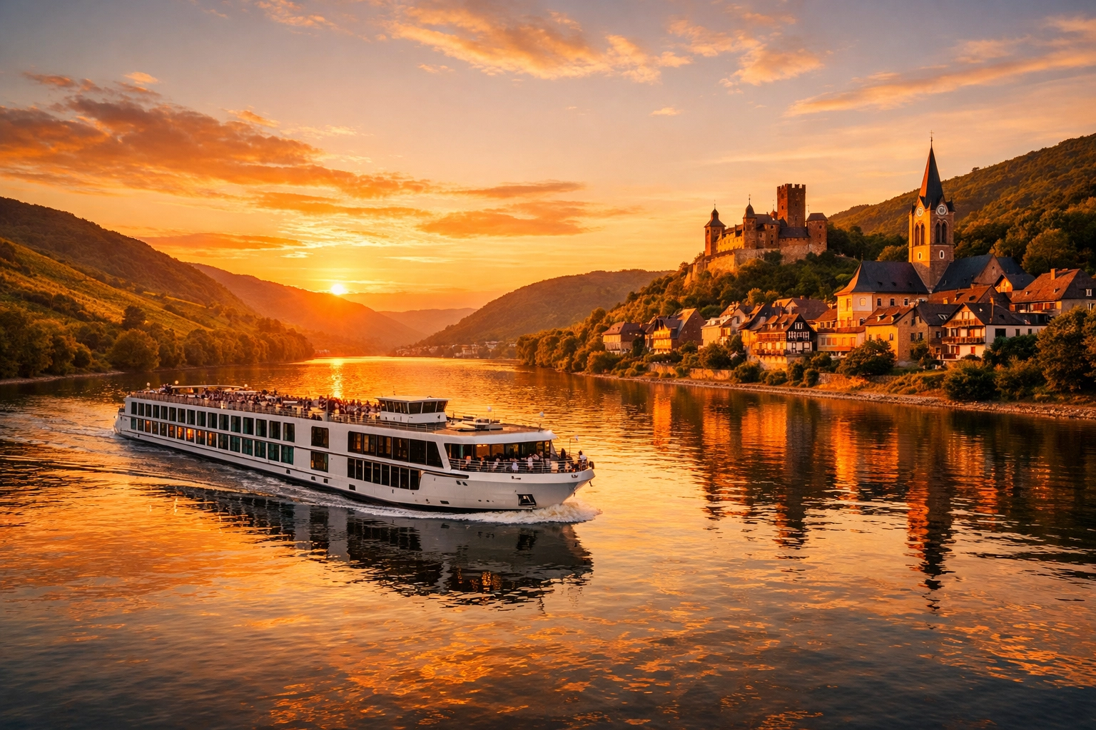 Luxury river cruise ship at sunset, showcasing high-end bucket list travel planned by an expert advisor.