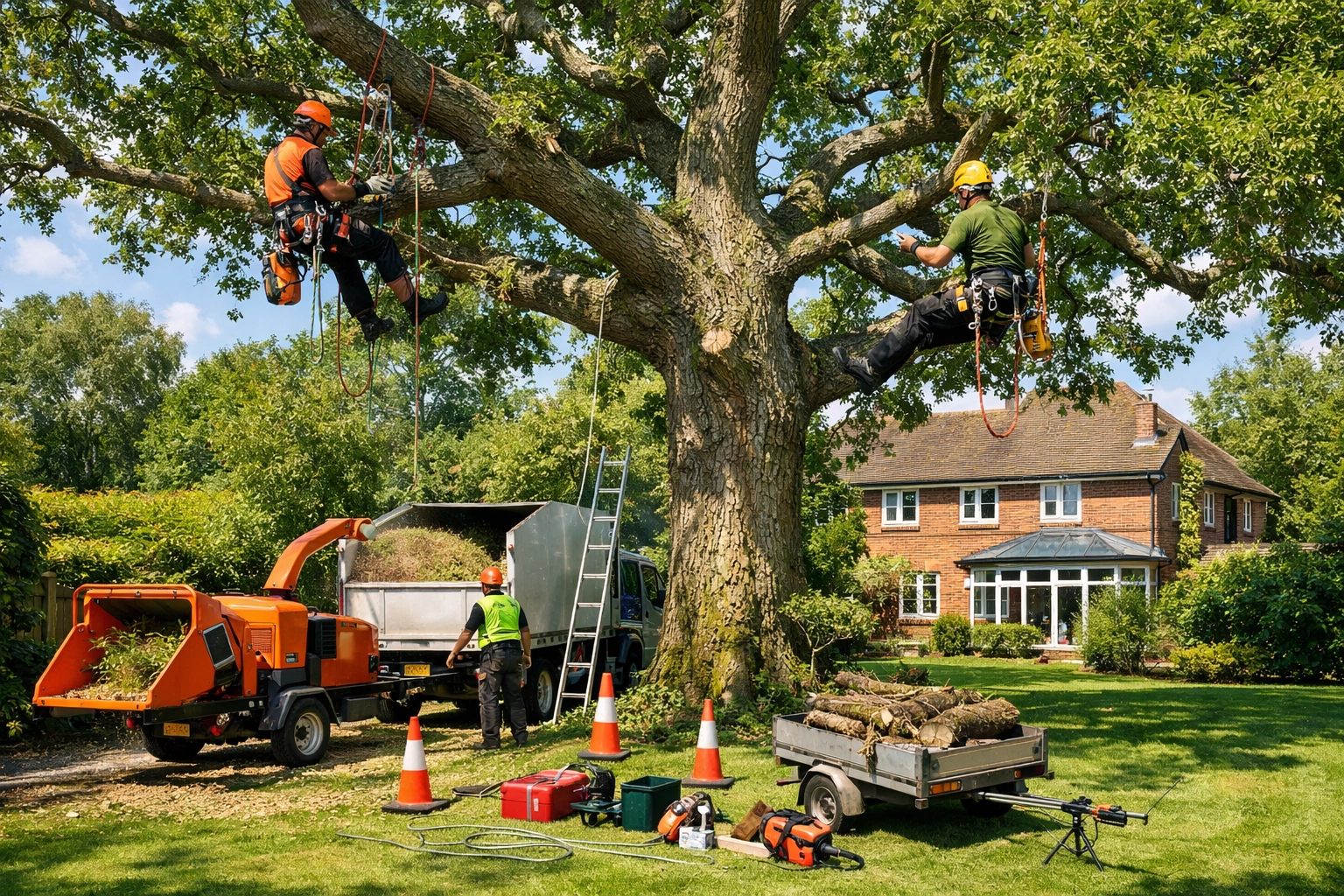 Professional tree surgery team working safely on oak tree in UK residential garden