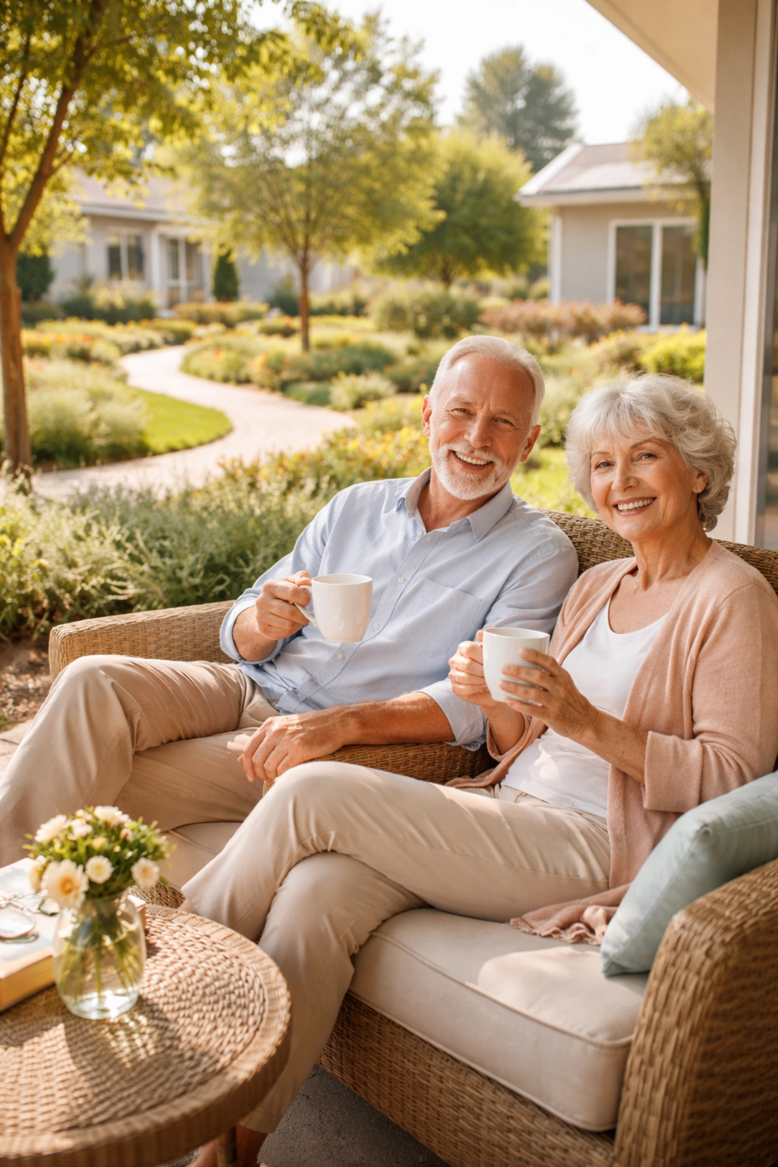 Senior couple enjoying coffee on a sunny patio in a Bucks County 55 plus community, illustrating relaxed retirement living