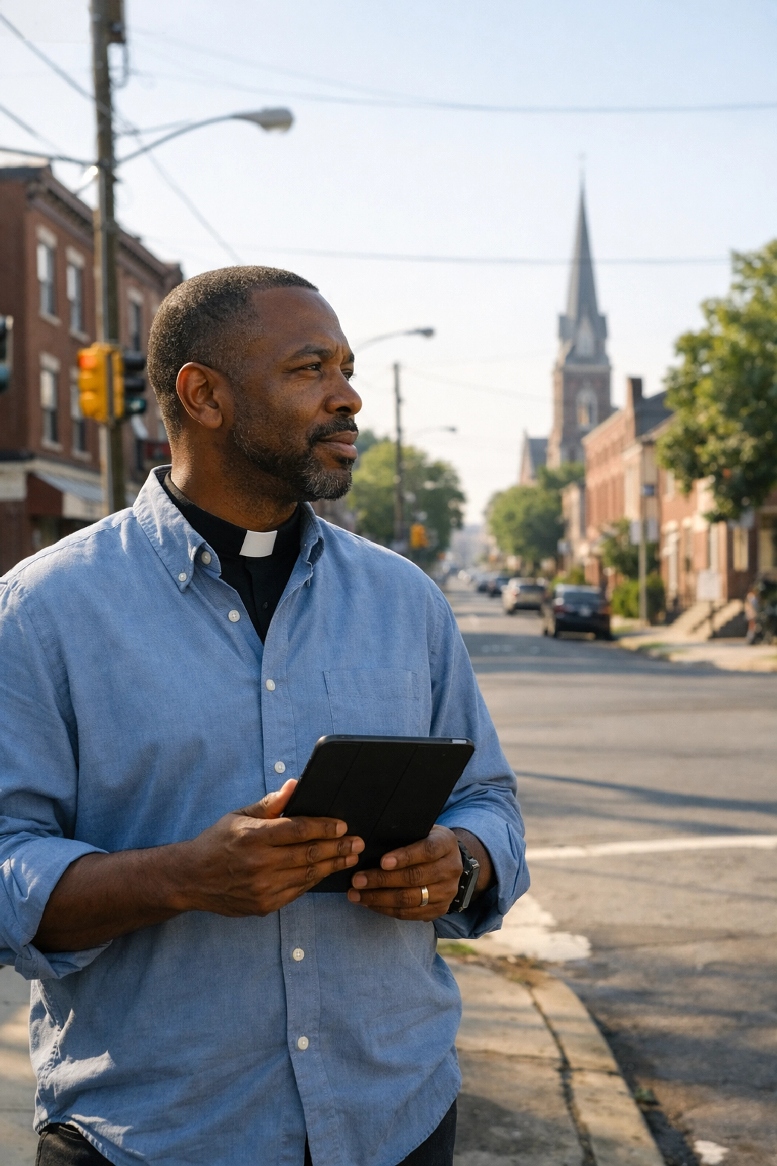 A Black pastor stands on an urban street corner, envisioning neighborhood revitalization within a square mile.
