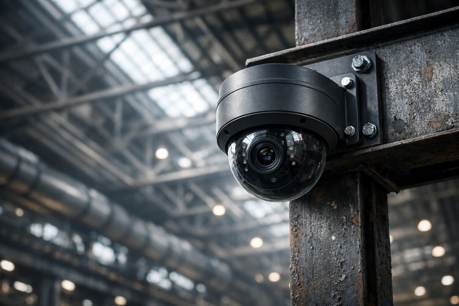 Rugged industrial CCTV dome camera installed on a factory steel girder for manufacturing security.