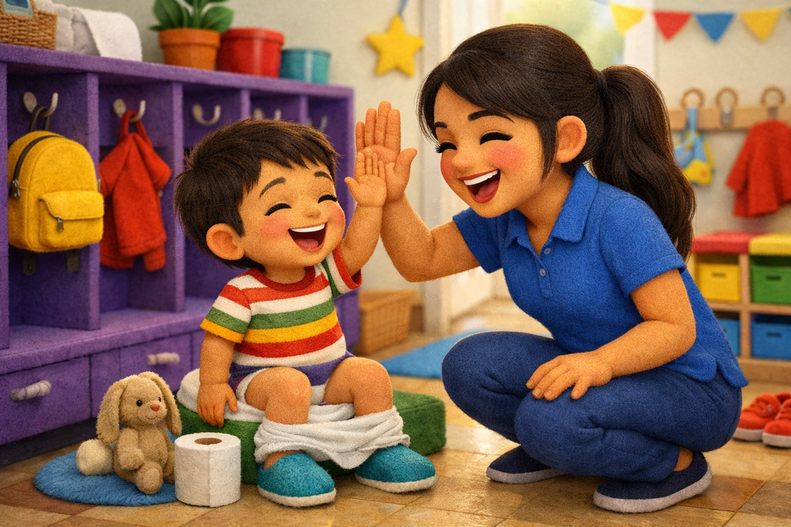 A caring teacher giving a high-five to a happy preschooler at our daycare in Mission, TX.