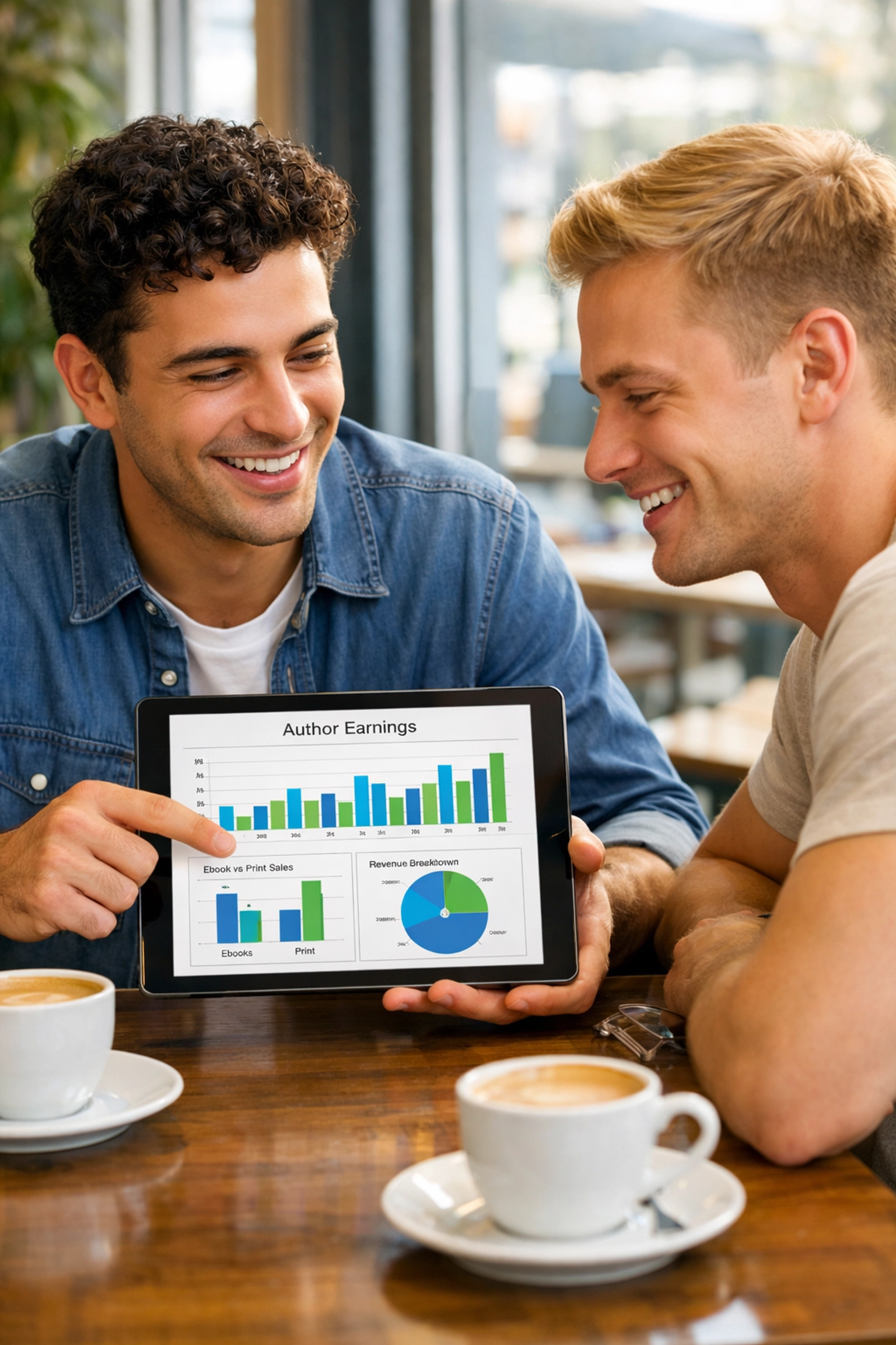 Two MM romance authors reviewing transparent royalty earnings and publishing fees together