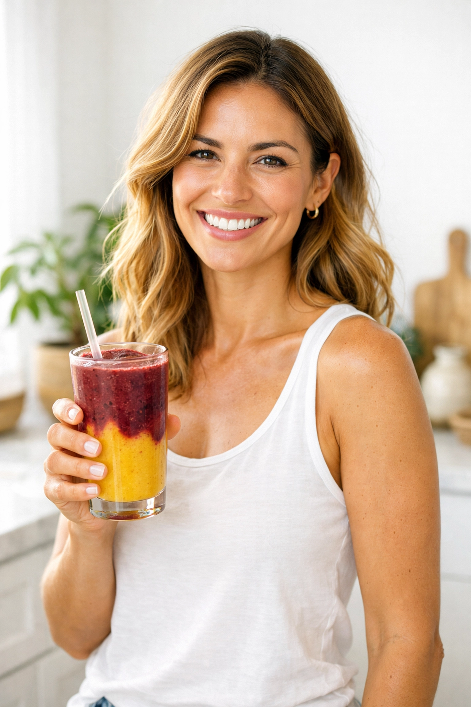 Healthy woman holding a nutrient-rich sea moss smoothie in a bright kitchen to support wellness and a natural glow.