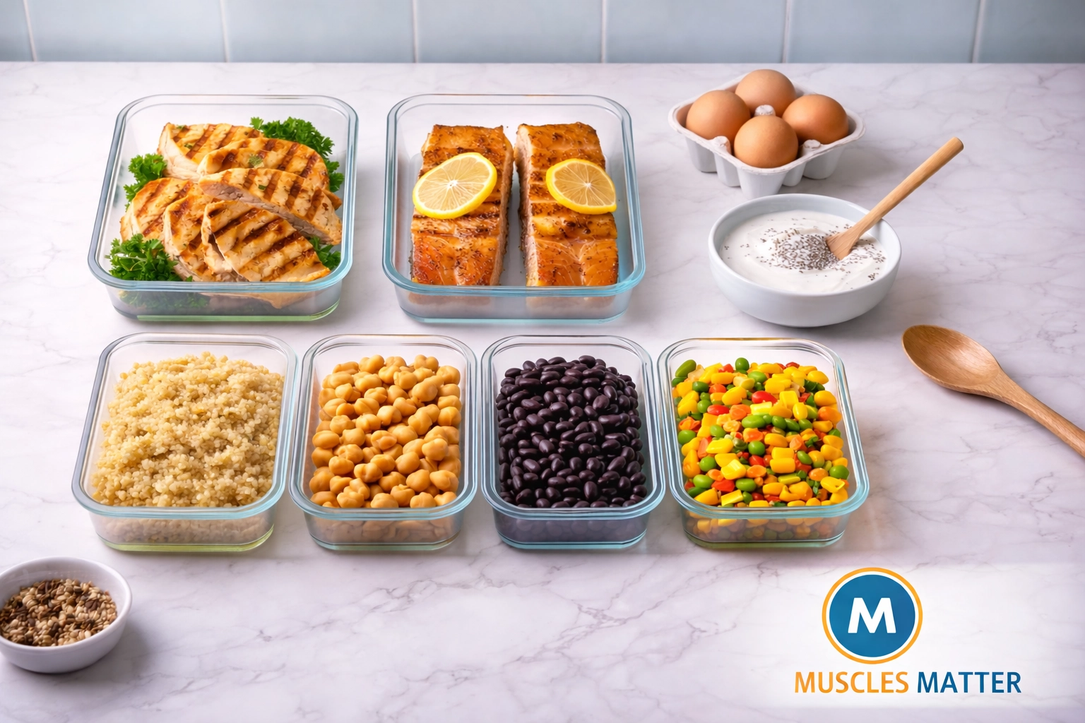 Protein-rich meal prep with chicken, fish, eggs, and legumes supports muscle loss prevention on Mounjaro diet.