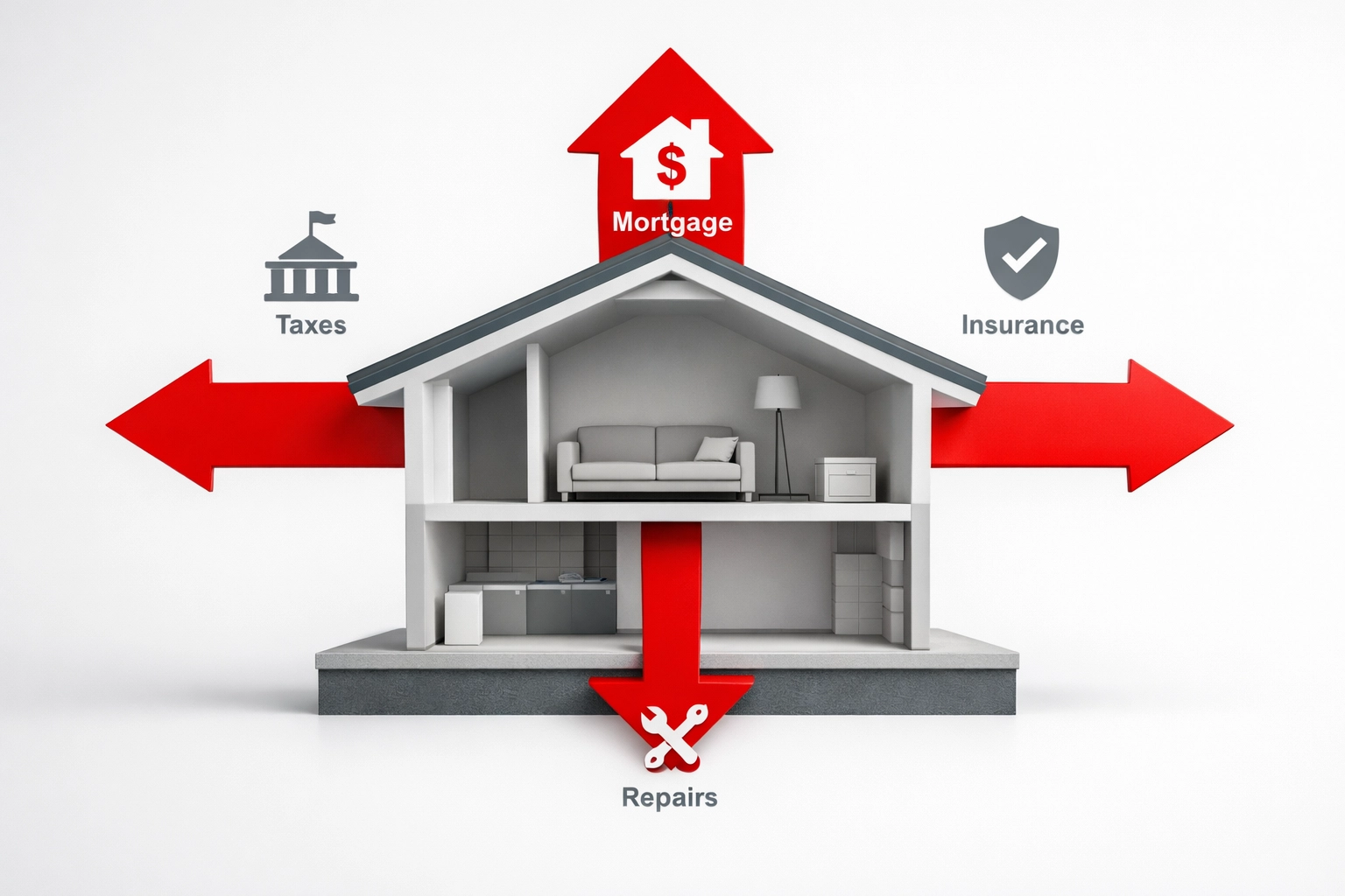 Home expenses diagram showing mortgage, taxes, insurance, and maintenance costs flowing outward